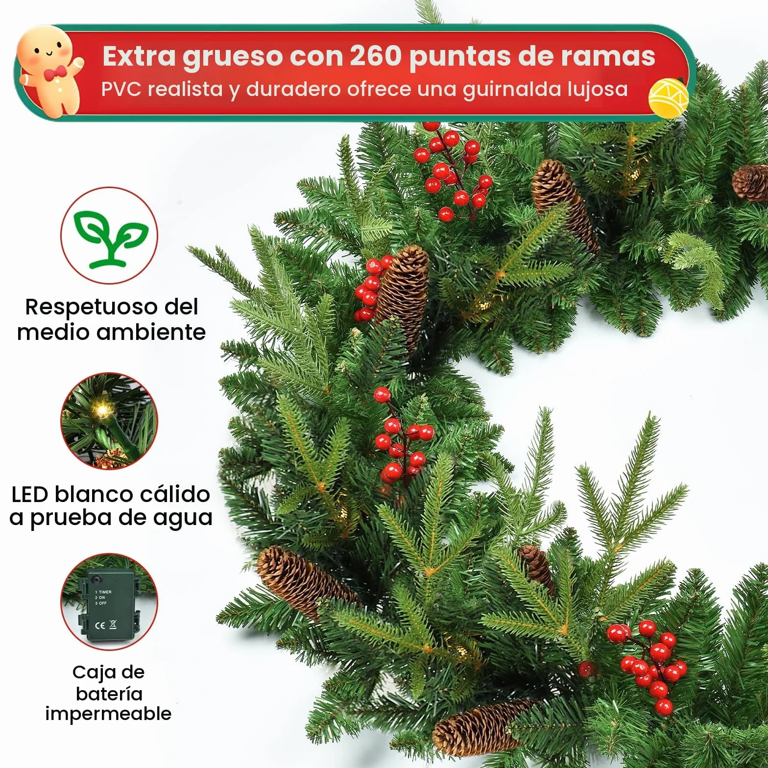 Guirnalda Navidad, 2.7M Guirnalda Navidad con Luces y 260 Puntas de Ramas, Guirnalda Navideña Impermeable con 30 LED y Temporizador para Escaleras, Chimenea, Puerta, Decoración de Interior/Exterior