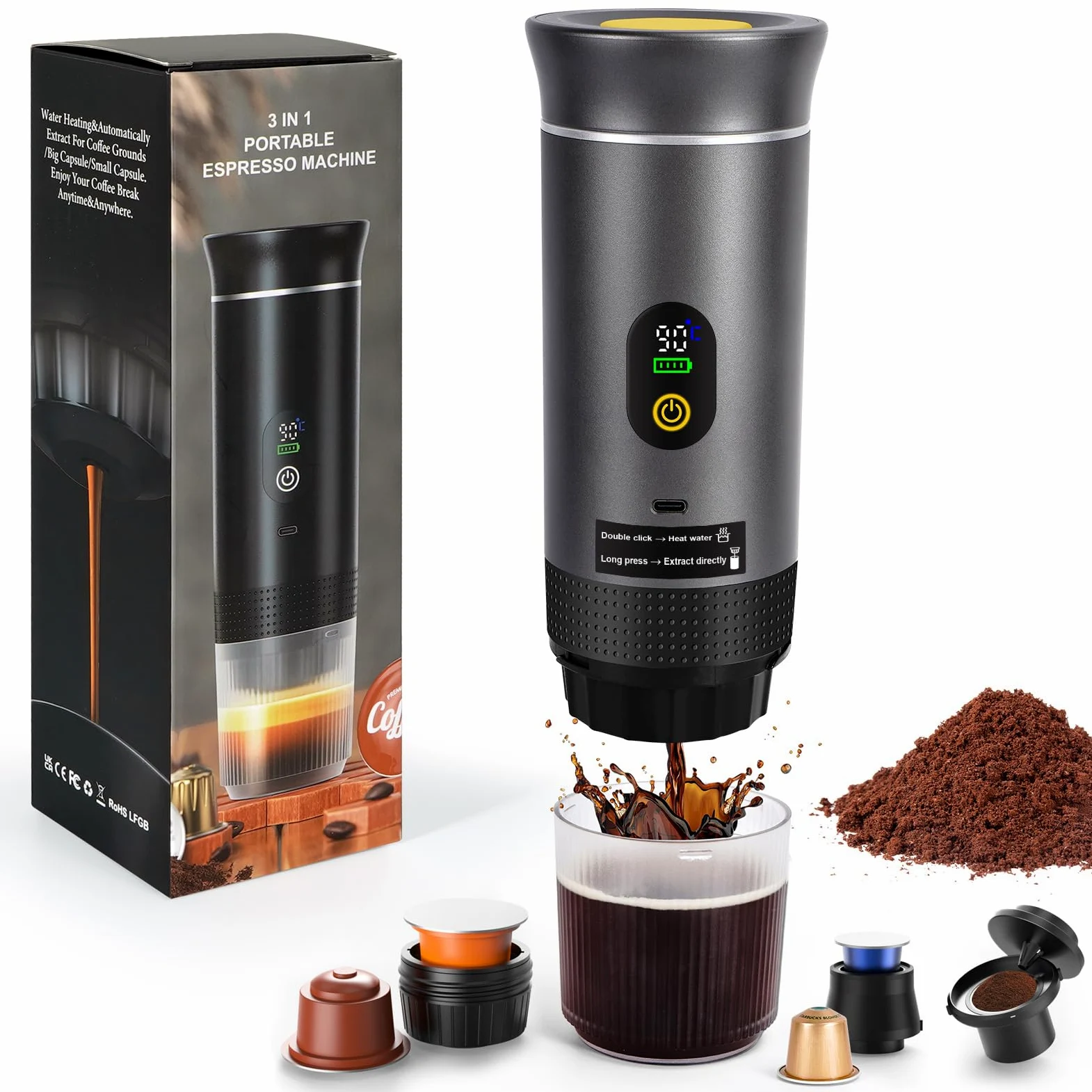 LAMA Cafetera Portátil Eléctrica de Cápsulas Compatible con Cápsulas de Café y Café en Polvo, Calentamiento Instantáneo, Mini Cafetera para Camping, Coche, Viaje, Gris