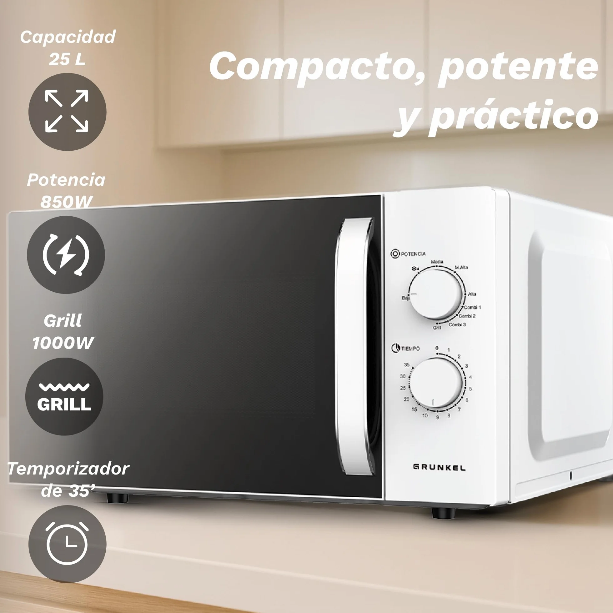 Microondas con Grill de 25 Litros, 850W +1000W Grill, 5 Niveles de Potencia, 3 Modos Combinados, Temporizador 30 min