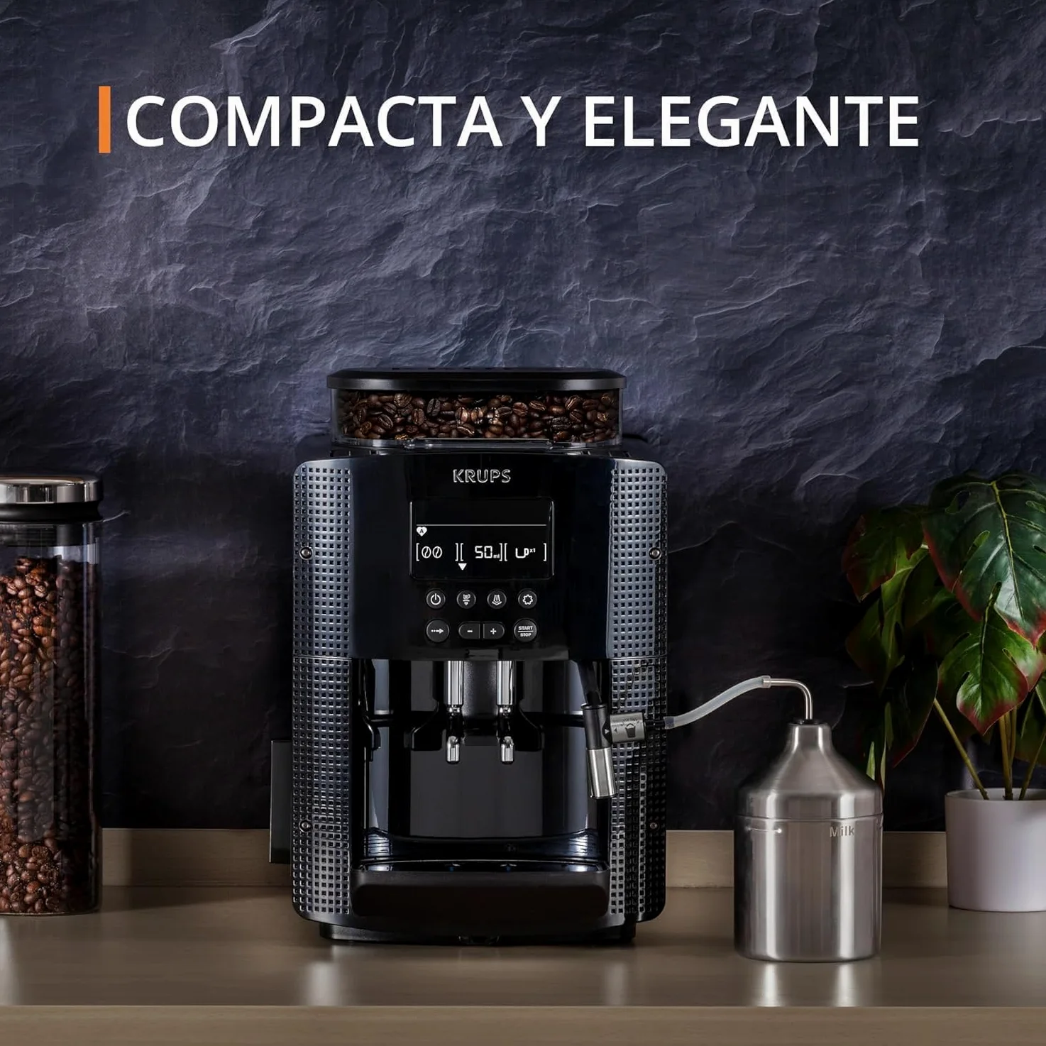 Krups Essential, Cafetera superautomática, Depósito de agua de 1,7 L, 3 niveles de temperatura, 3 texturas de molienda, 15 Bares, Pantalla LCD intuitiva, Incluye accesorio para la leche, Negra, EA8160