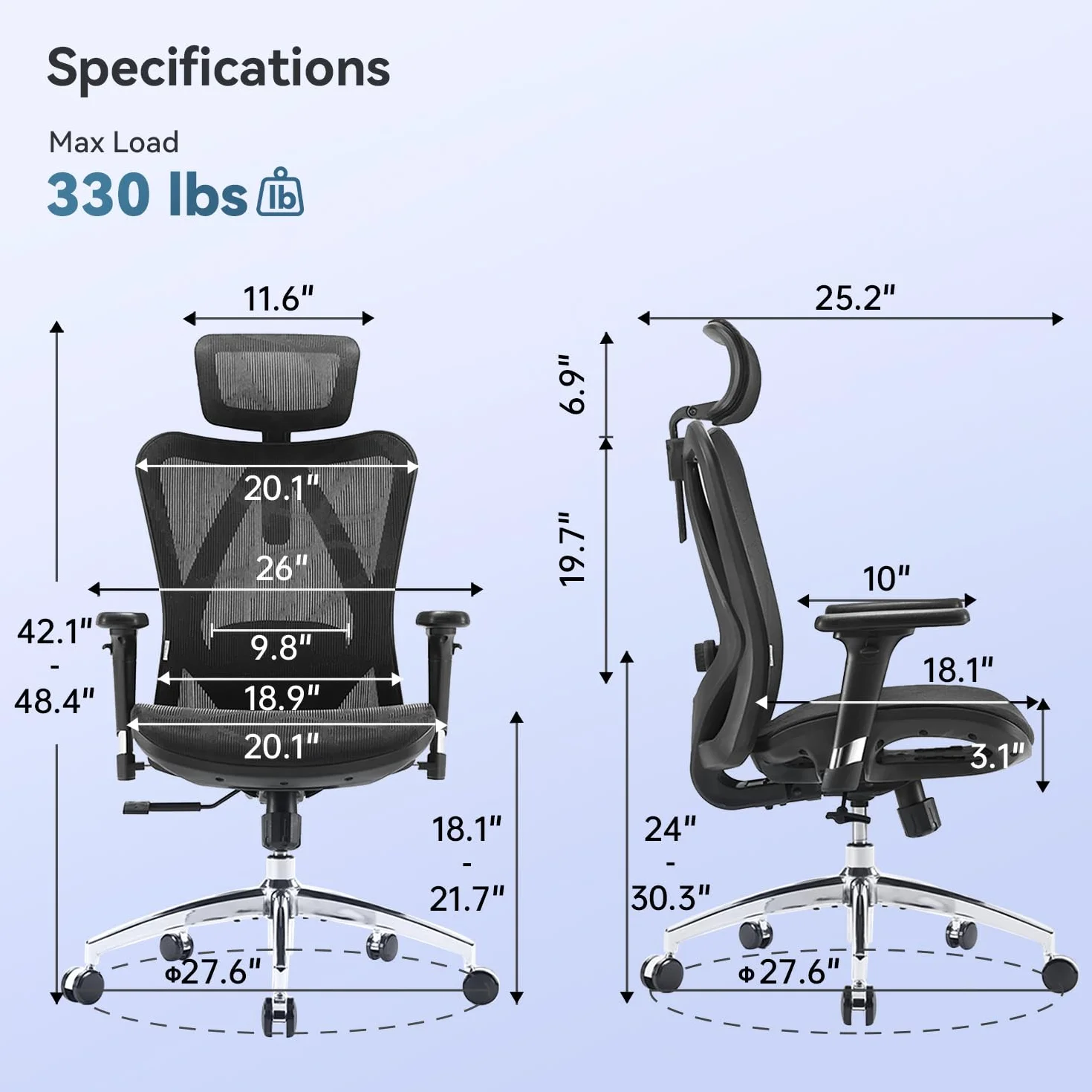 SIHOO Silla de Oficina ergonómica, Respaldo Alto, Asiento Trasero de Malla, Transpirable, reposabrazos 3D Ajustable y Soporte Lumbar, Base de Metal (Negro)