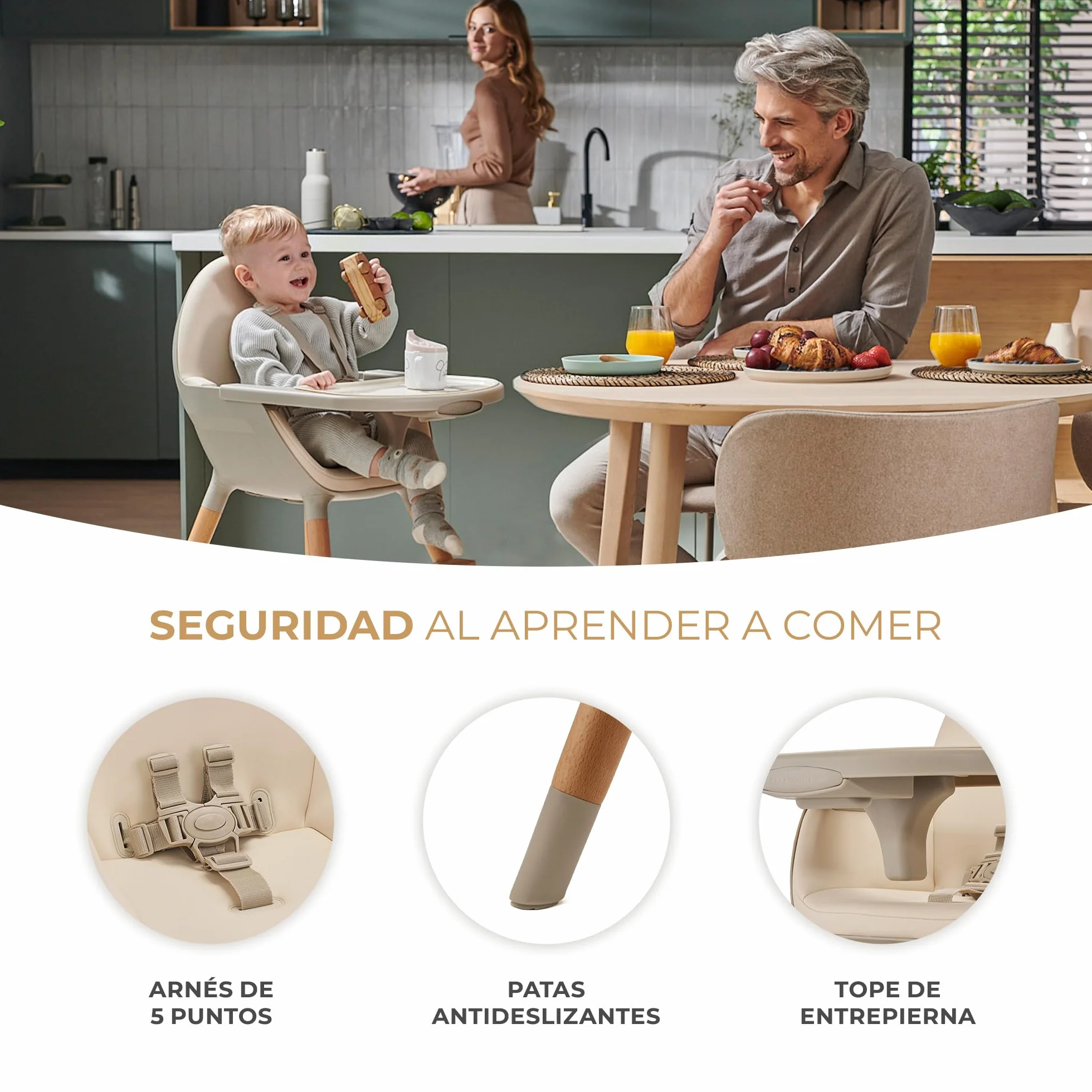 Kinderkraft FINI 2 Trona bebé 2 en 1 Silla Infantil Portátil Patas de Madera Bandeja Ajustable Beige