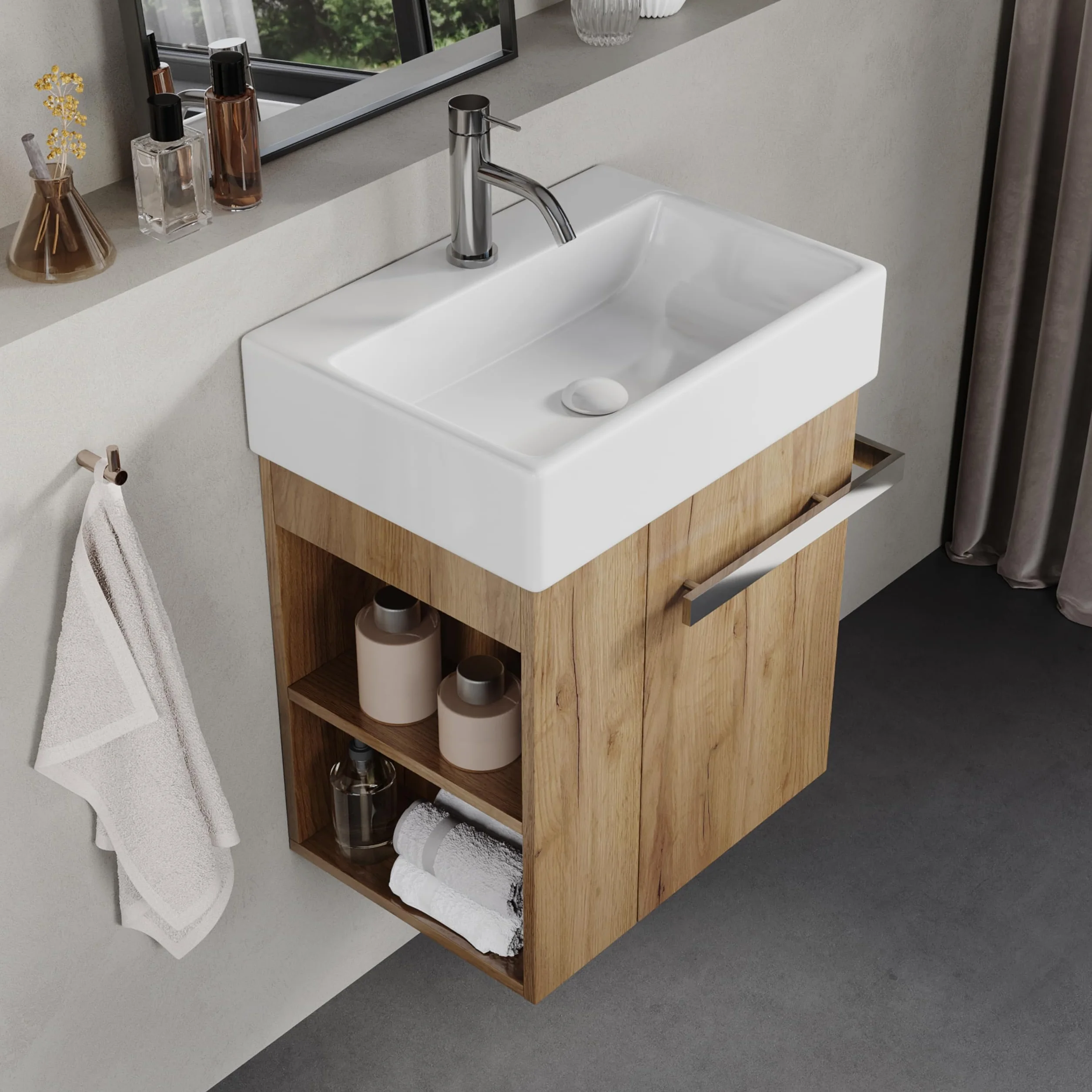 Mueble de Baño 50 cm con Lavabo de Cerámica – Cajón con Cierre Suave, Tirador para Toallas, Instalación Izquierda/Derecha Opcional, European Oak
