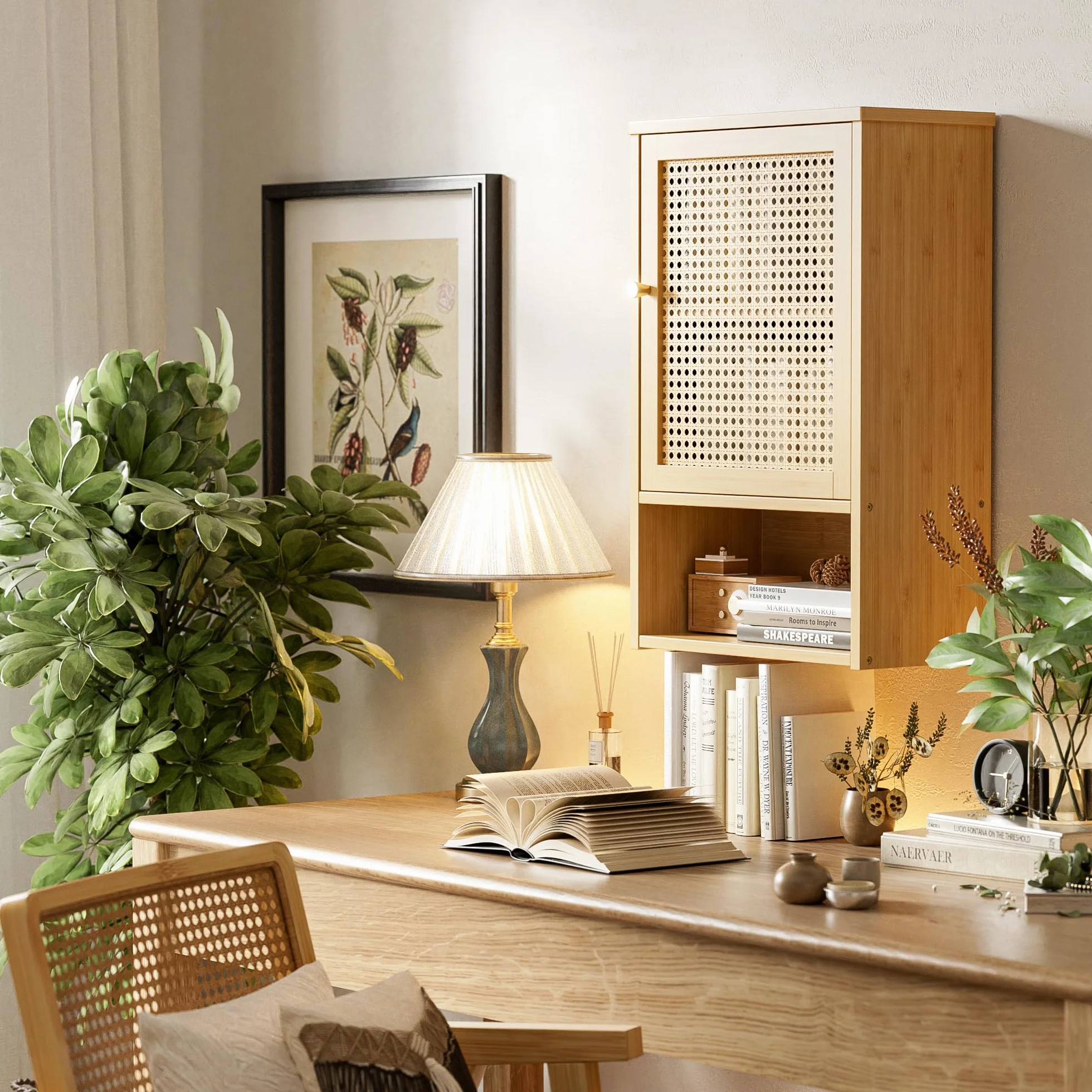 Armario de Pared para Baño, Organizador de Bambú para Almacenaje sobre el Inodoro con Puertas de Ratán y Estante Ajustable, Botiquín Ahorrador de Espacio para Lavandería, Cocina (Natural)