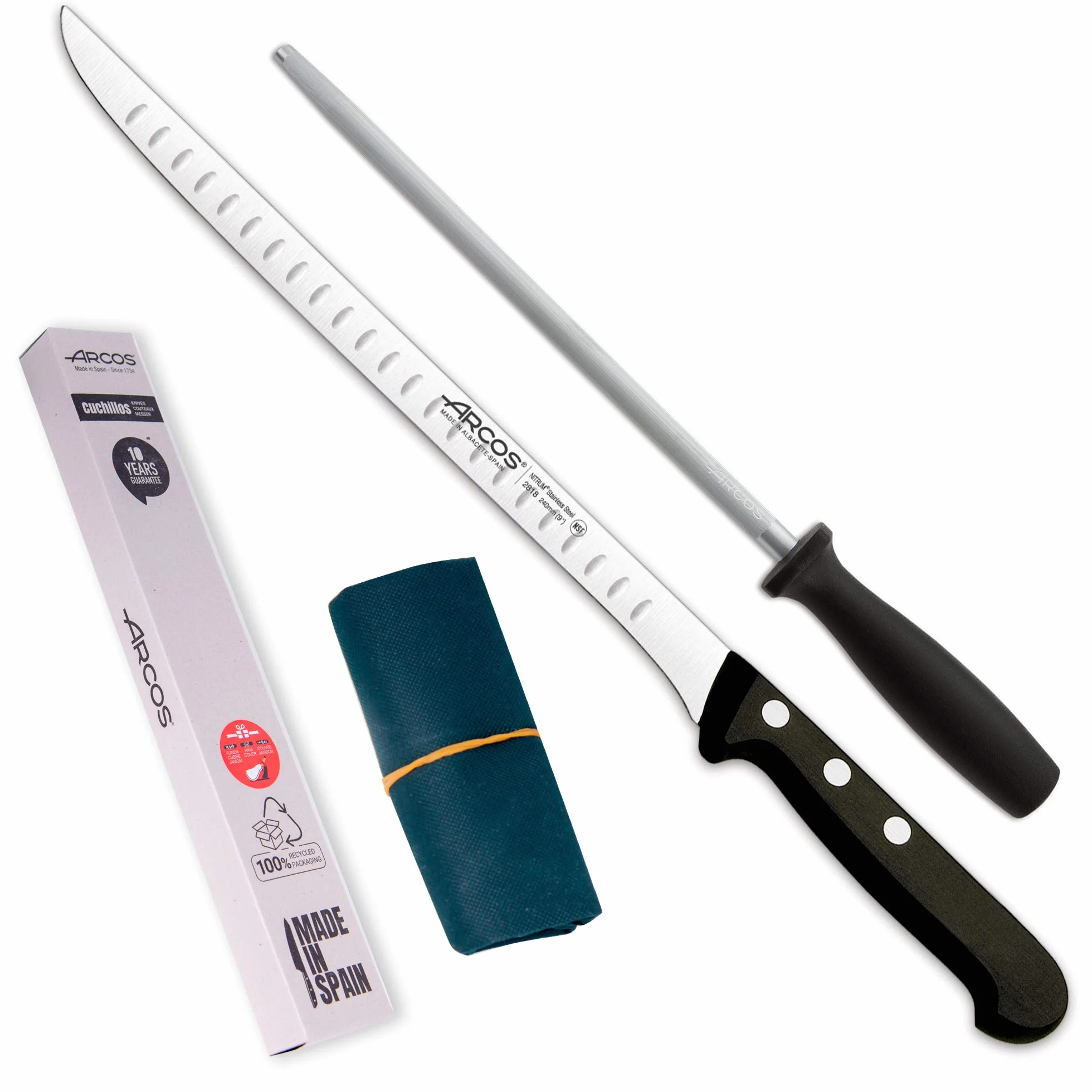 Arcos | Juego Cuchillo Jamonero 3 Pzas | jamonero Acero Inoxidable (240 mm), afilador Chaira y Cubre jamón | Juego Cuchillos jamonero Profesional | Paleta ibérica | Eco