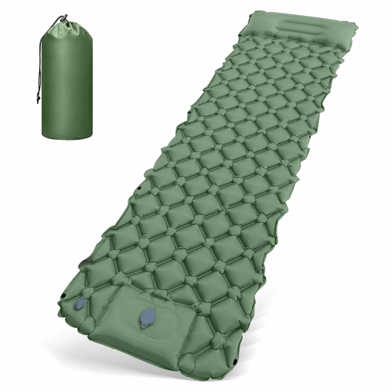 Colchón de Aire Autoinflable con Almohada, Esterilla Camping Portátil Verde, Bomba de Pie Incluida