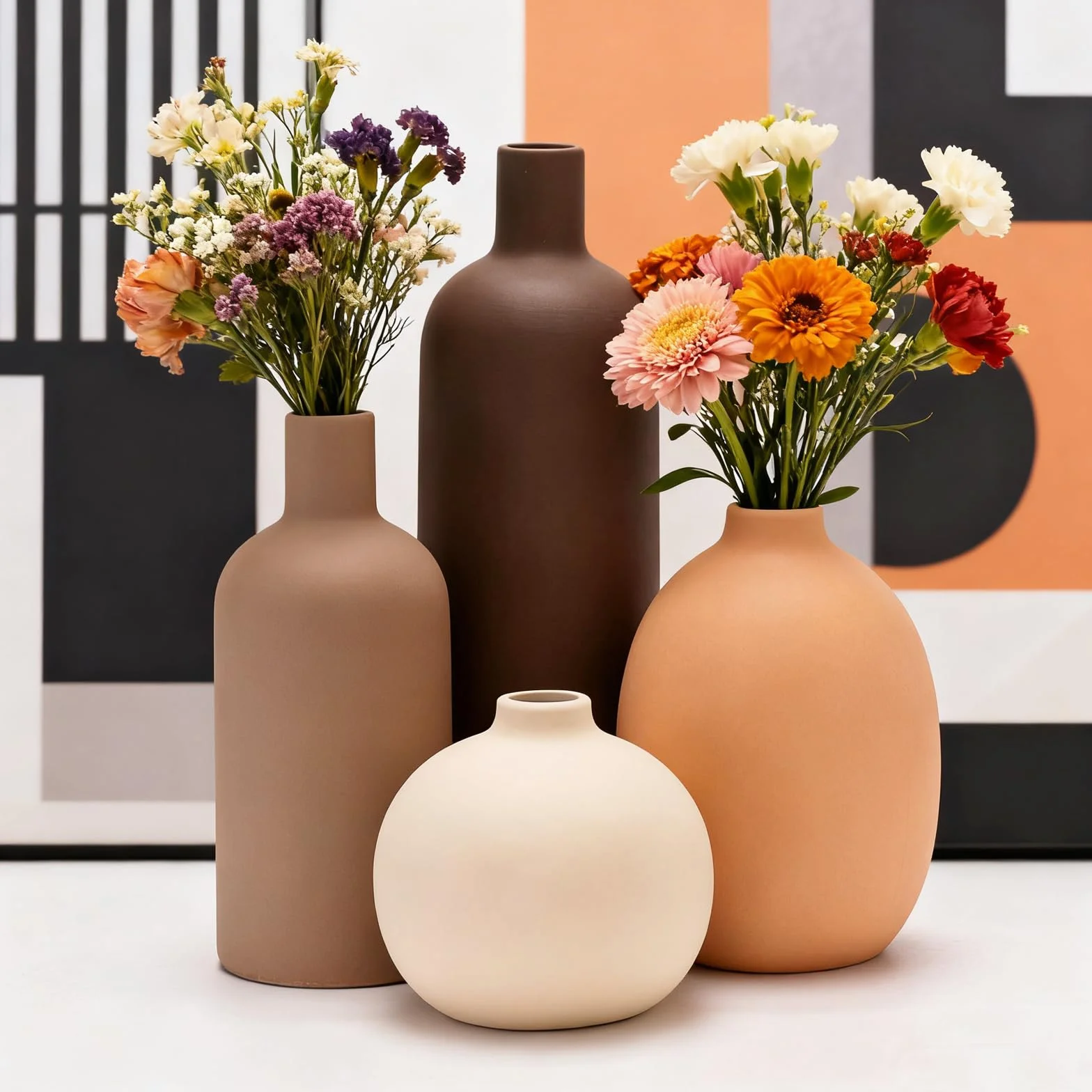 Juego de 4 jarrones de cerámica, jarrones de cerámica para decoración del hogar, floreros Decorativos para Hierba de Pampa y Flores secas, Mesa, estantería (Café,Naranja,Beige,marrón)