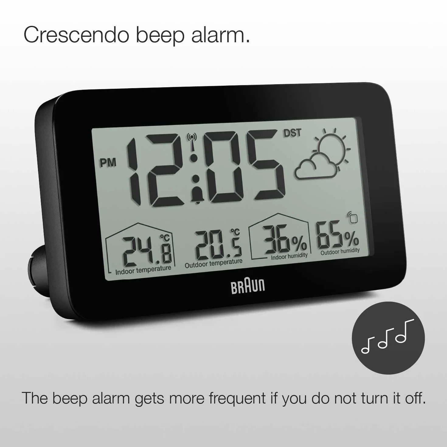 Estación meteorológica y reloj digital controlado por radio Braun para la zona horaria de Europa Central (DCF) con temperatura y humedad, pronóstico del tiempo, pantalla LCD, negro, modelo BC13BP-DCF.