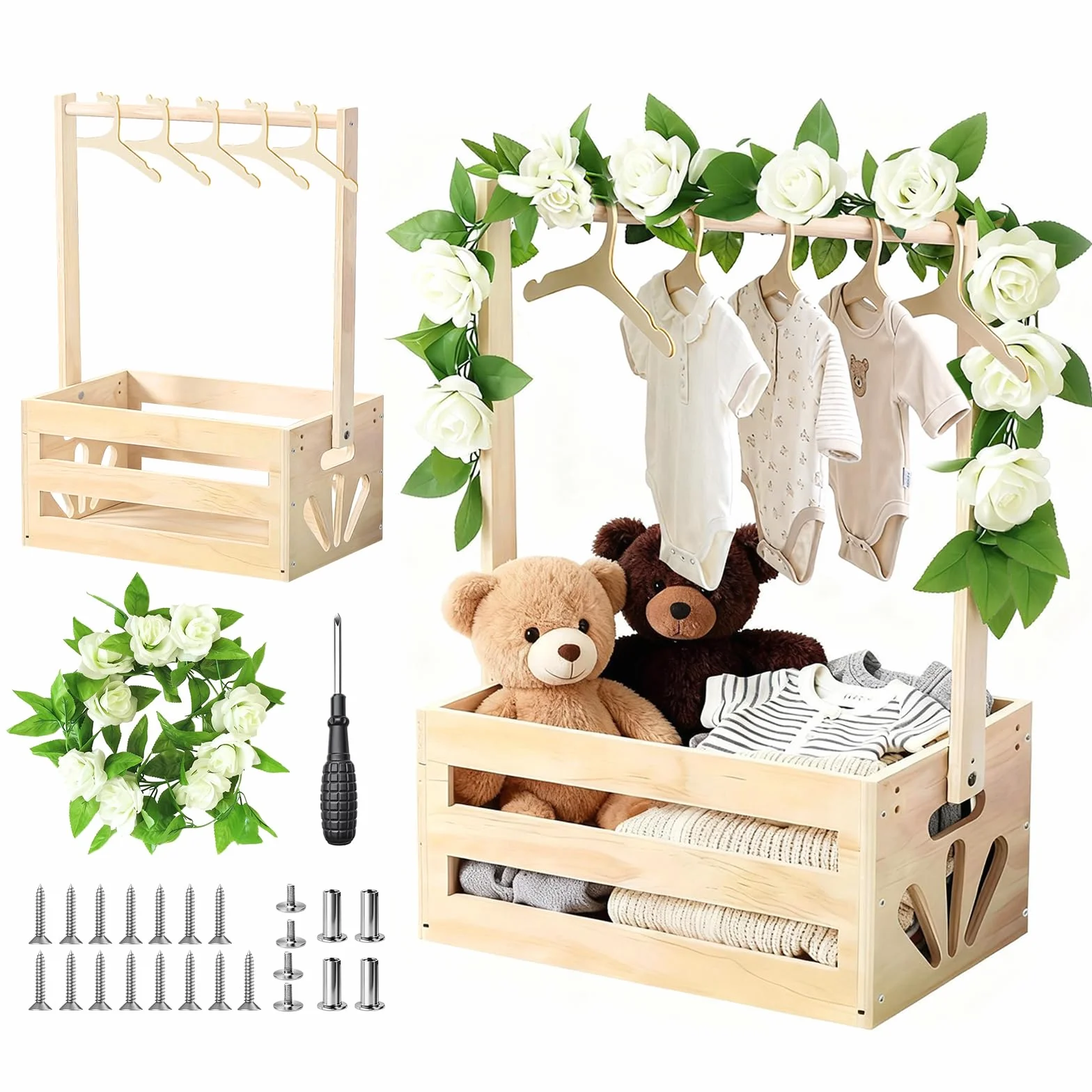 Cesta de Madera para Baby Shower con 6 Colgadores y Guirnalda Floral | Set Completo para Recién Nacidos