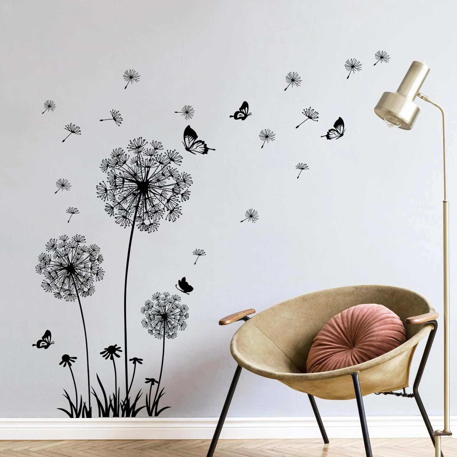 Tanlaby Pegatinas de Pared Diente de León Mariposa Vinilo Decorativo Negro