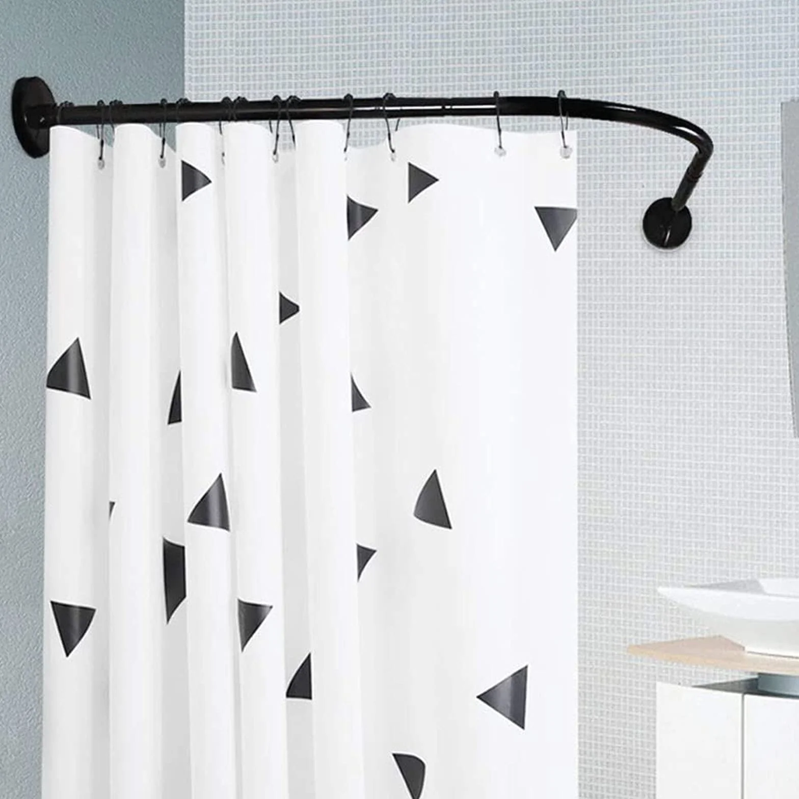Barra de cortina de ducha de tensión ajustable, instalación sin taladrar, diseño en forma de L para baño