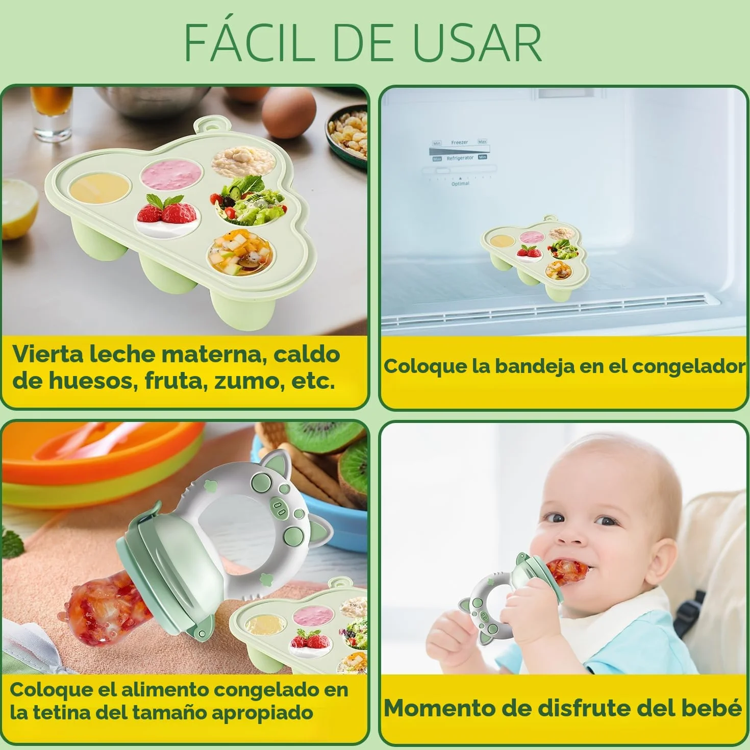 Chupete Fruta Bebe con Molde Helados y Tetinas Silicona 3 Tamaños, Alimentador Antiahogo 3-24 Meses