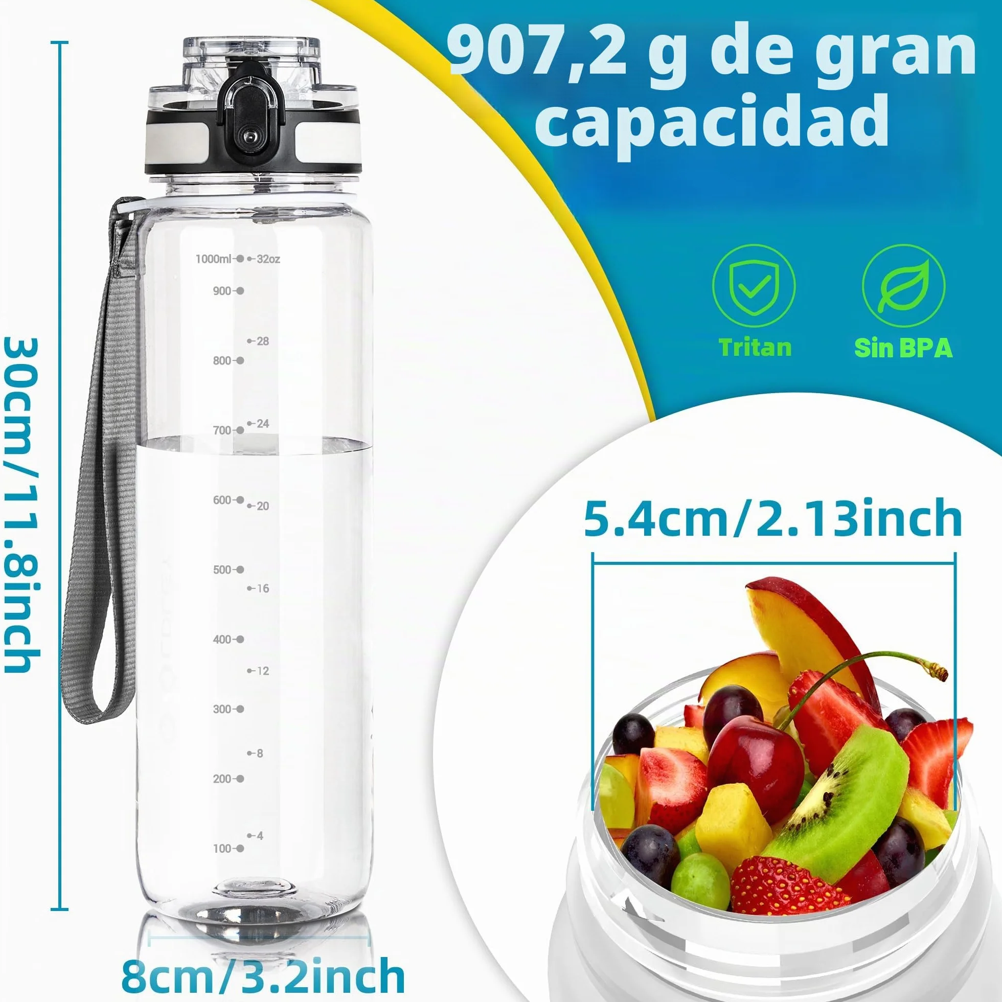 OLDLEY Botella de Agua Deportiva 1000 ml con Marcas de Tiempo, Sin BPA, Prueba Fugas