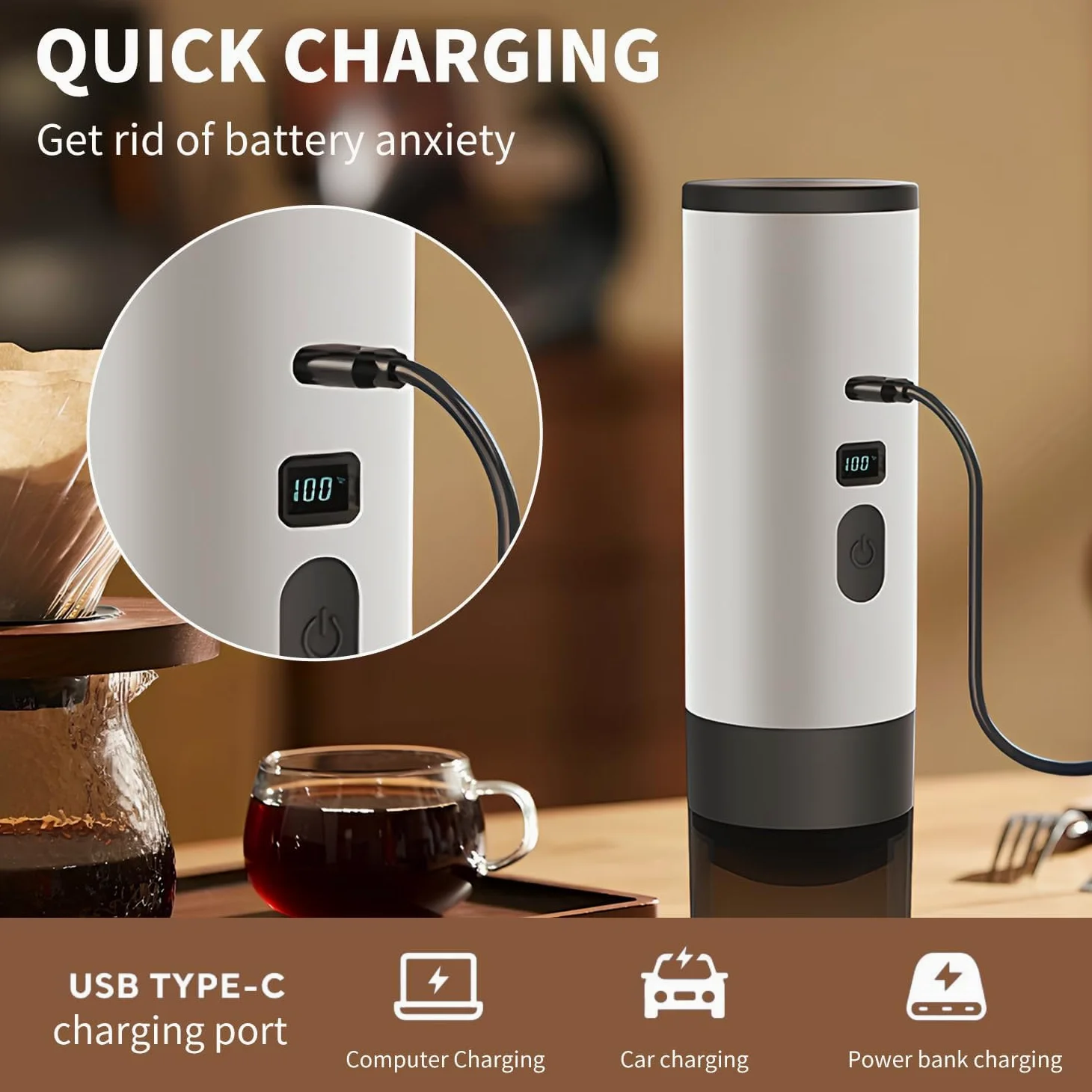 Cafetera portátil 3 en 1 con pantalla LED, tanque de 90 ml, autocalentamiento, compatible con café molido y cápsulas de espresso