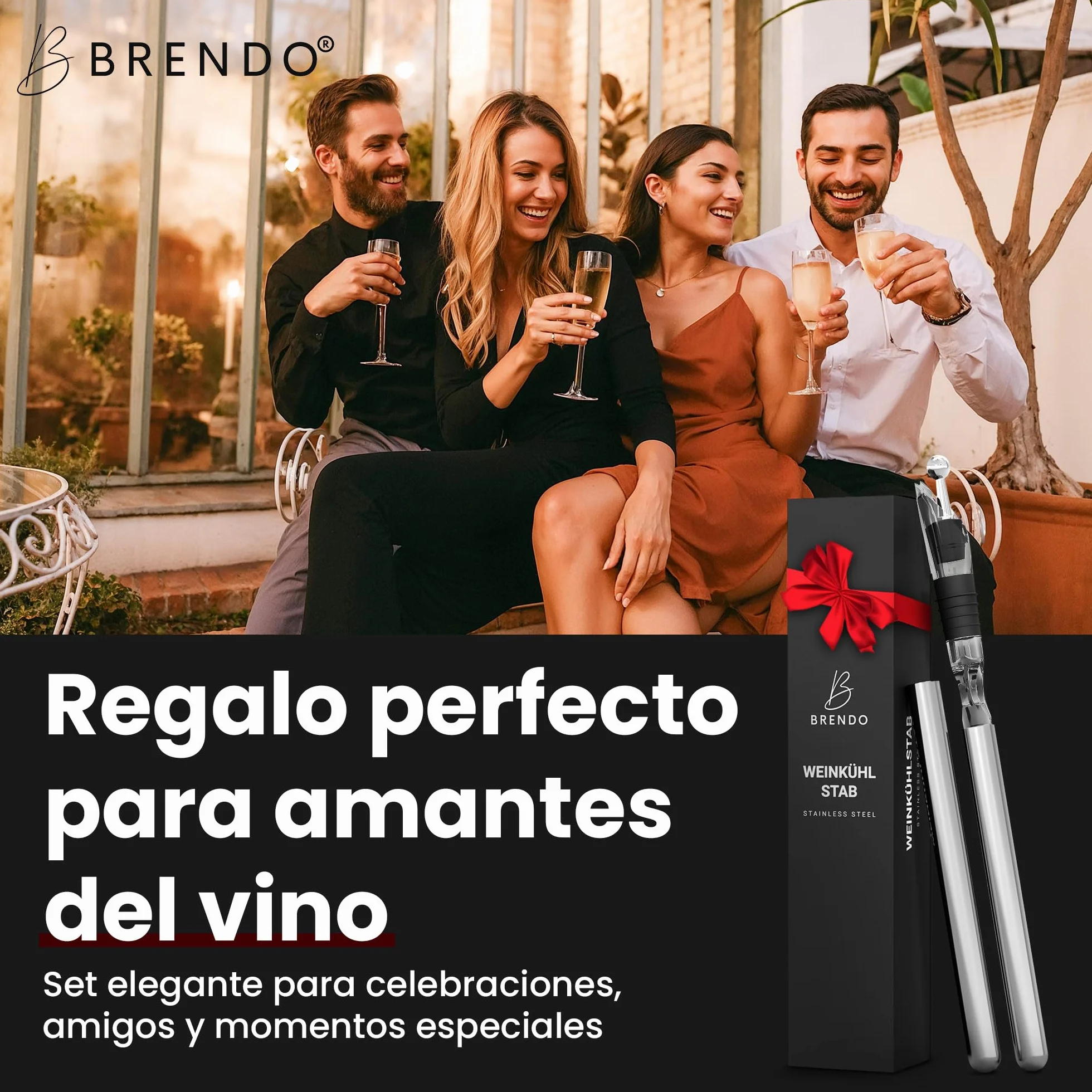 Brendo Enfriador de Botellas de Vino 4 en 1 – Varillas Enfriadoras de Acero Inoxidable en 2 Longitudes + Vertedor + Decantador + Tapón | Set de Regalo para Hombres y Mujeres | Accesorios para Vino