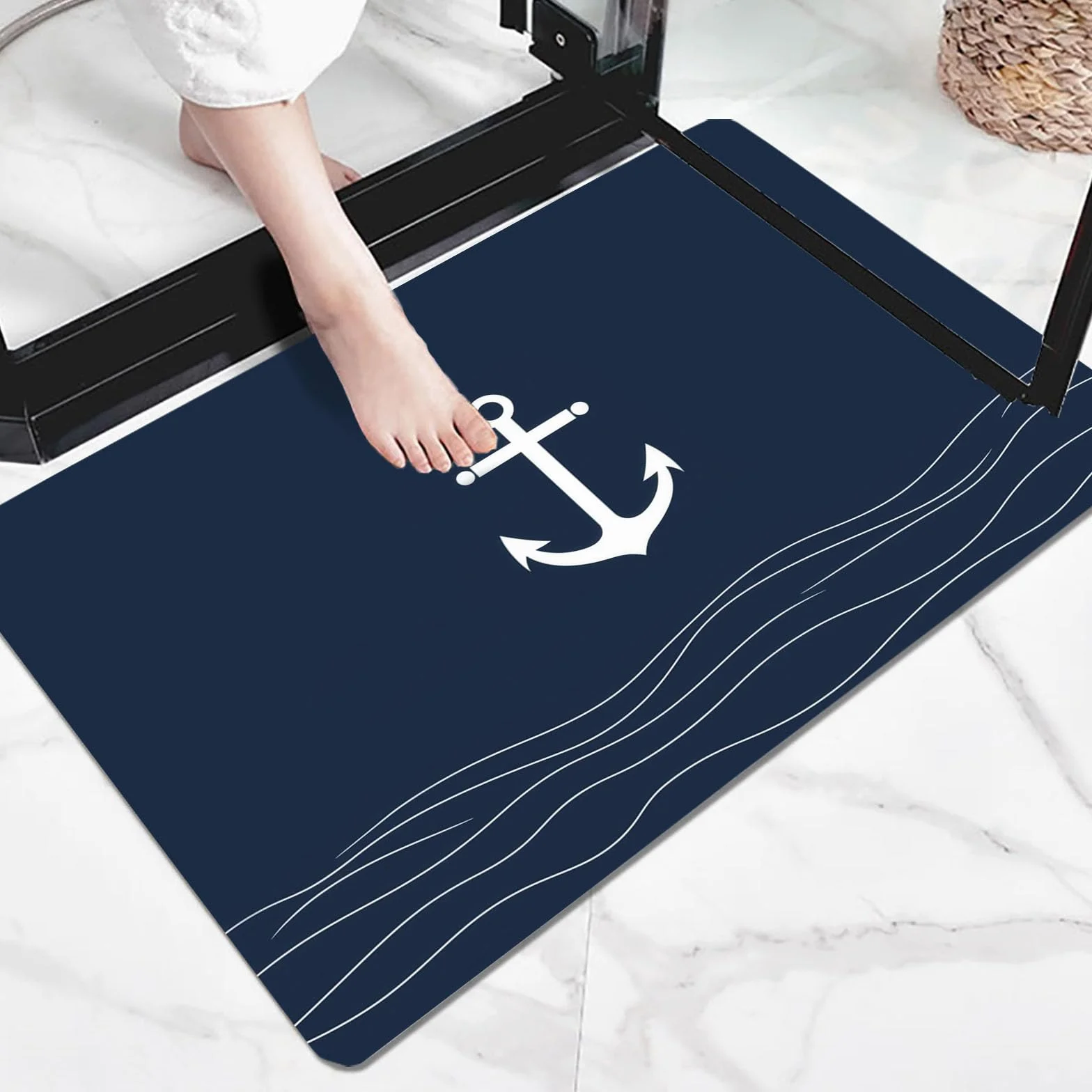 Alfombra 40 X 60 Cm con Base Antideslizante,Pelo Corto Multiusos Dibujos Tema Náutico Lavable Felpudo Entrada Casa, Ancla Blanca Atrapapolvo Felpudo para Puertas Y Pasillos