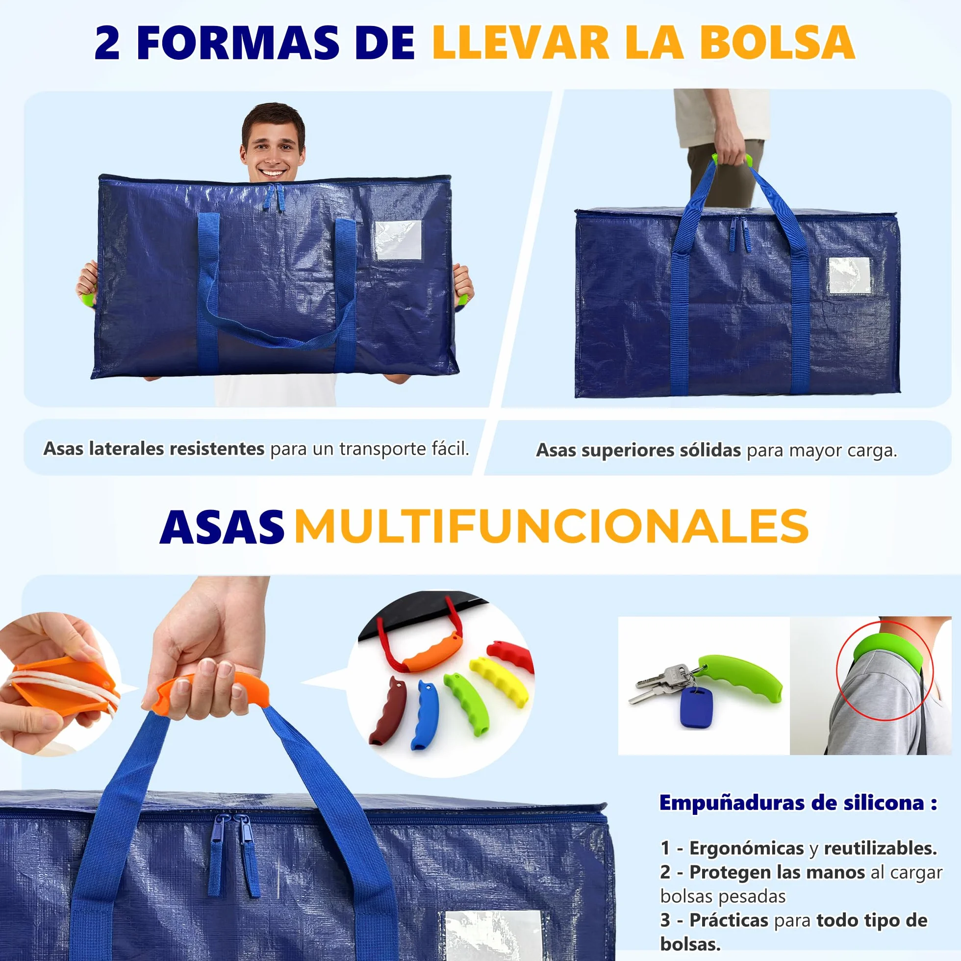 AXAM Pack de 4 Bolsas de Mudanza Grandes XL 91L – Almacenaje de Ropa Resistente e Impermeable – Alternativa a Cajas de Cartón – Reutilizables con Asas de Silicona