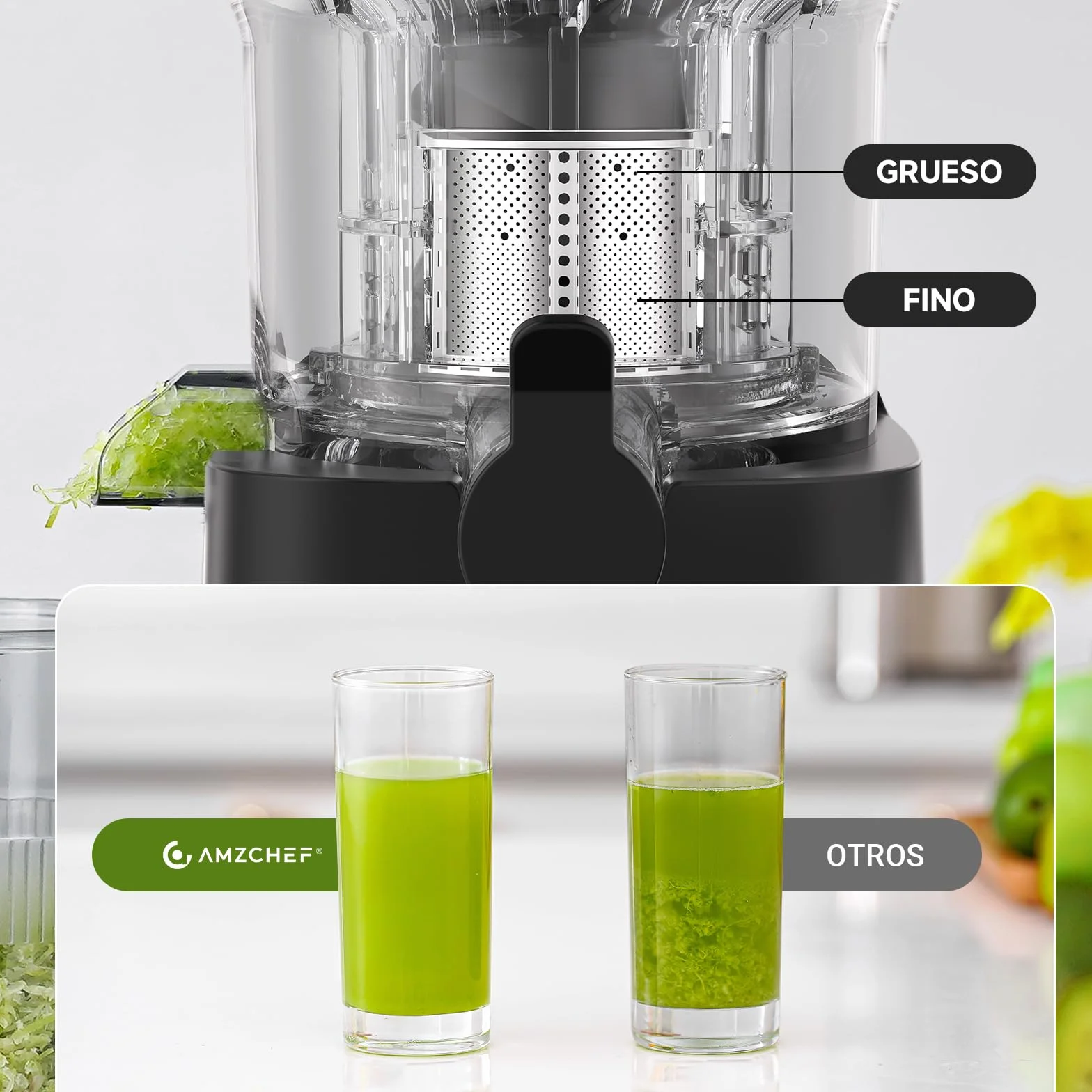 AMZCHEF Extractor de Zumos, Slow Juicer con Apertura de 120MM, Capacidad de 2 L, Licuadora Prensado en Frío para Frutas y Verduras Enteras, Cuerpo de Acero Inoxidable, Fácil Montaje y Limpieza, Plata