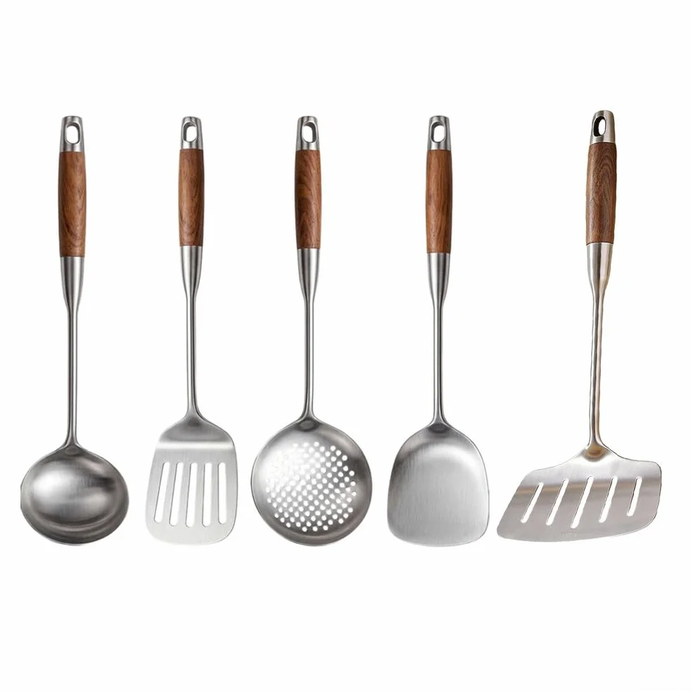 Juego de utensilios de cocina de acero inoxidable 316L, mango ergonómico de madera, espátula resistente al calor, cuchara ranurada para volteador para freír, freír, pescado