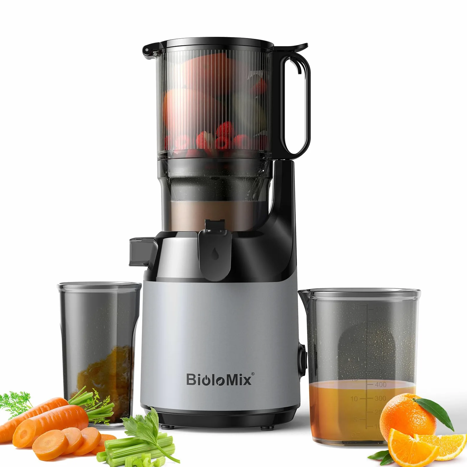 Exprimidor de Prensa en Frío, BioloMix Exprimidor de Masticación Lenta con 13CM Extra Large Feed Chute Fit Whole Frutas y Verduras con Triple Filtro, Fácil de Limpiar, BPA Free 250W DC Motor | Conducto de alimentación extra grande de 13 cm, para frutas y