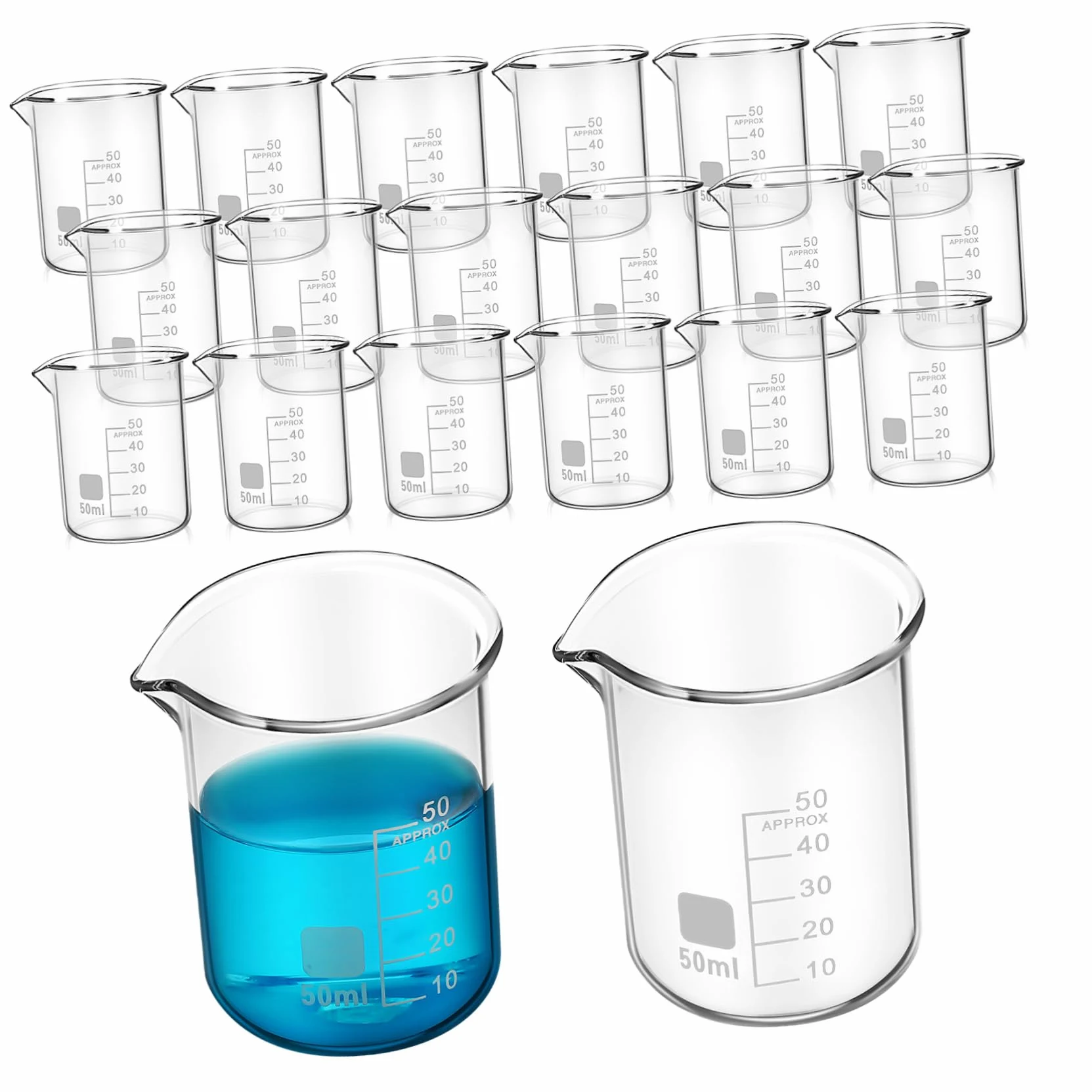 ULTECHNOVO Vasos de Precipitados Medición Precisa de Vidrio Transparente 20 de 50ml y Diseño Estable, Ideales para Laboratorio y Uso Científico