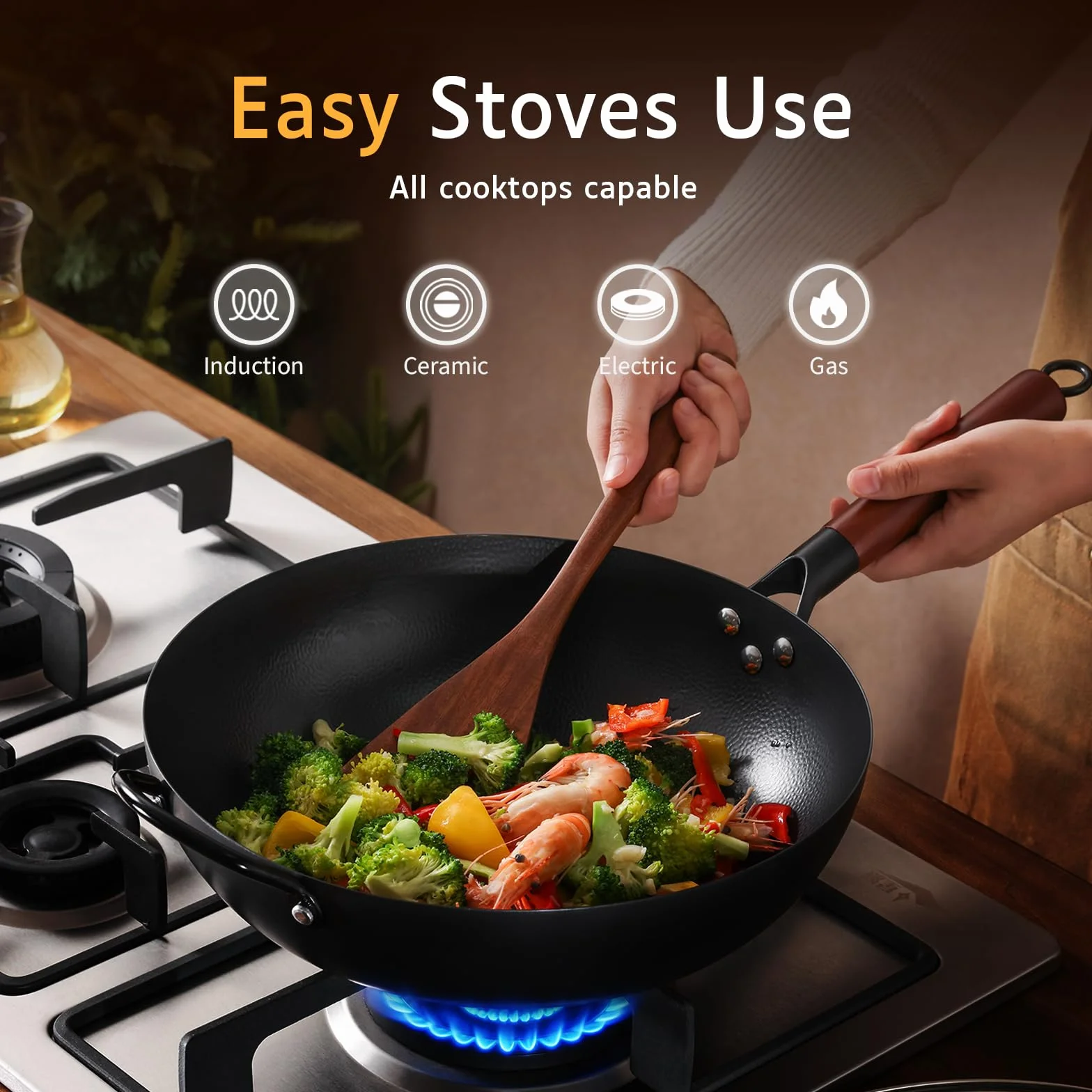 Kordisen Wok de Acero al Carbono 32cm con Tapa, Mango de Madera, Fondo Plano para Inducción y Gas, Antiadherente Natural, Gran Capacidad para 3-6 Personnes, Sartenes para Saltear Estilo Asiático | 17 cm Flachboden für Induktion, Gas, Elektro und Glaskeram