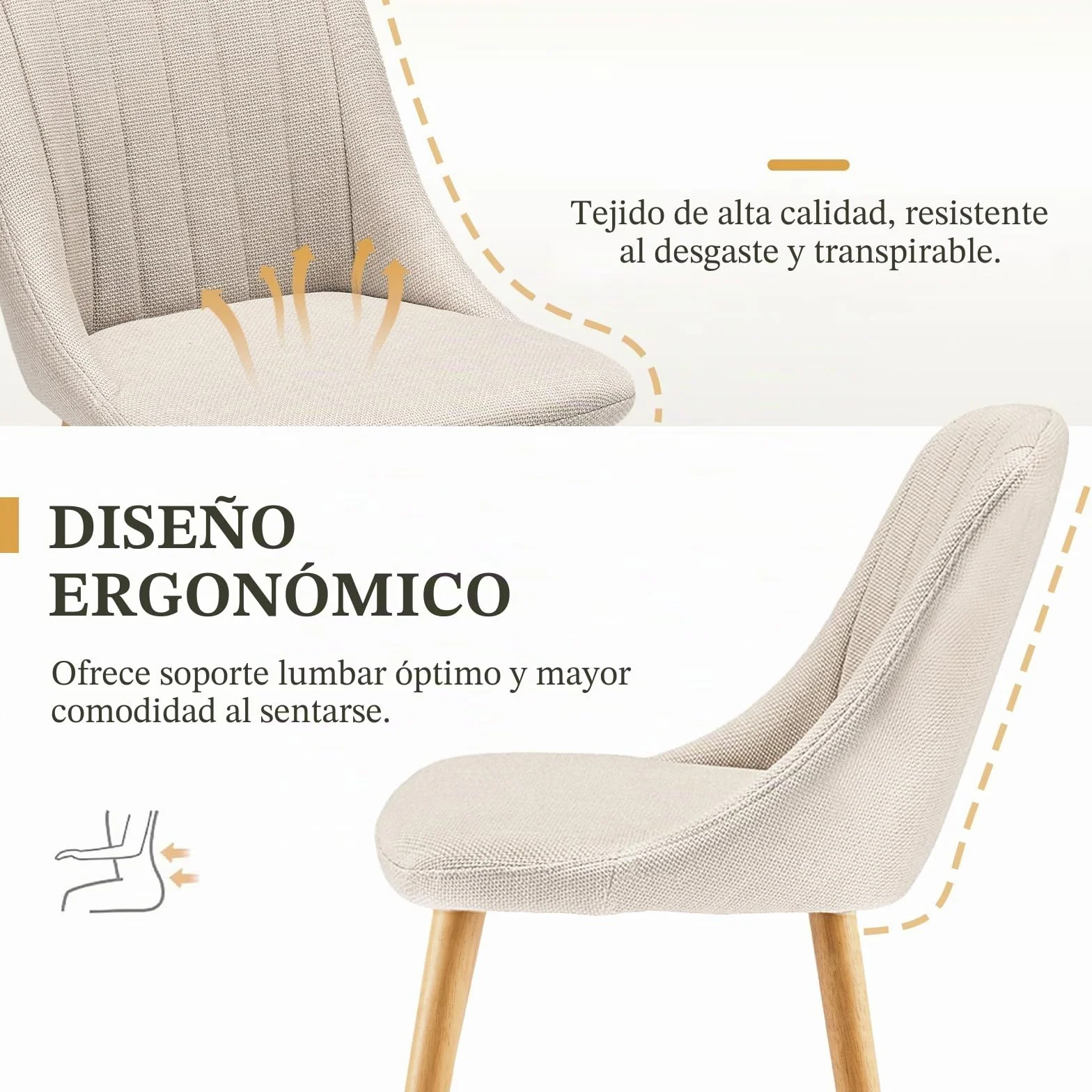 Silla Comedor Set 6 Cómodas Sillas Comedor Pata Madera Diseño Silla Tapizada Lino Beige