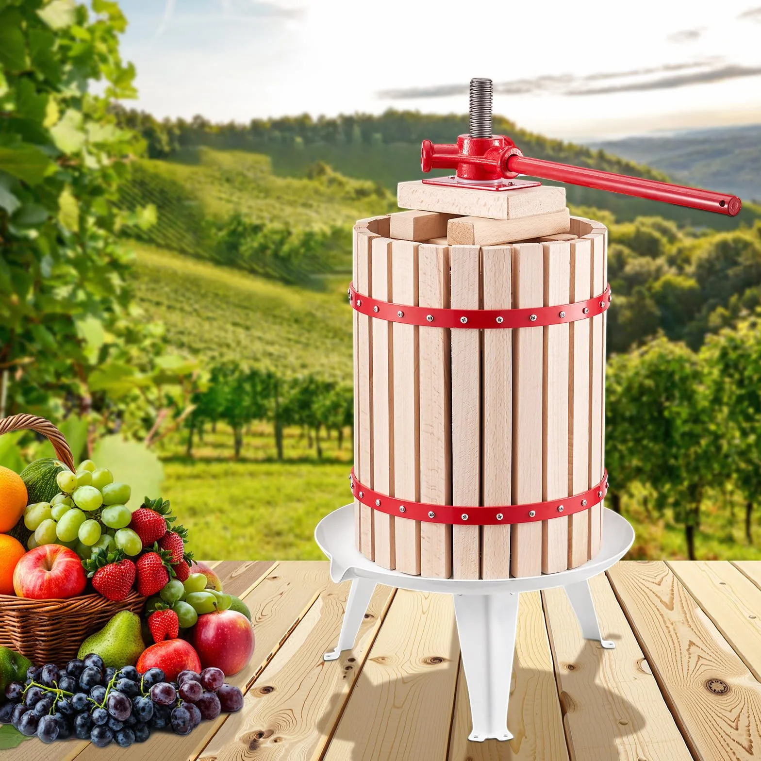 VEVOR Prensa de Vino de Frutas 18 L, Cesta de Madera Maciza con 8 Bloques, para Hacer Sidra, Manzana, Tintura, Miel, Aceite de Oliva con Mango para Cocina, Hogar, 640 x 370 x 705 mm, Vertical