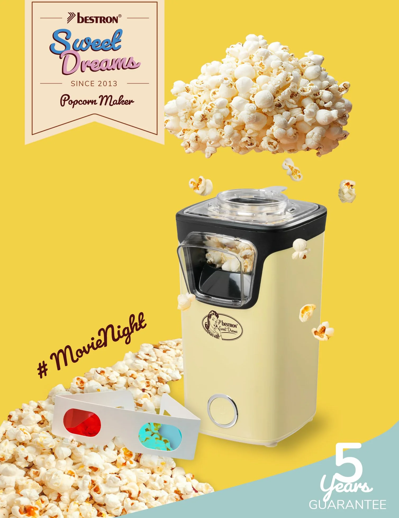 Bestron Palomitero, Turbo-Palomitas en menos de 2 minutos, con tecnología de aire caliente, incluye 10 bolsas de palomitas y taza medidora integrada, colección Sweet Dreams, Color: Amarillo