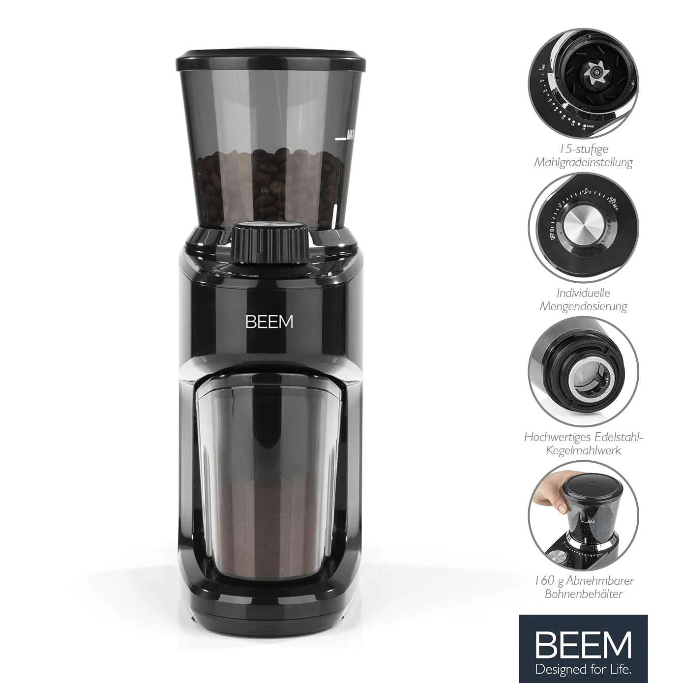 BEEM 3980 Grind-Intense Molinillo de café eléctrico, 160 g, mecanismo cónico de acero inoxidable, ajuste de grado de molienda de 15 niveles, recipiente de granos extraíble, 150 W