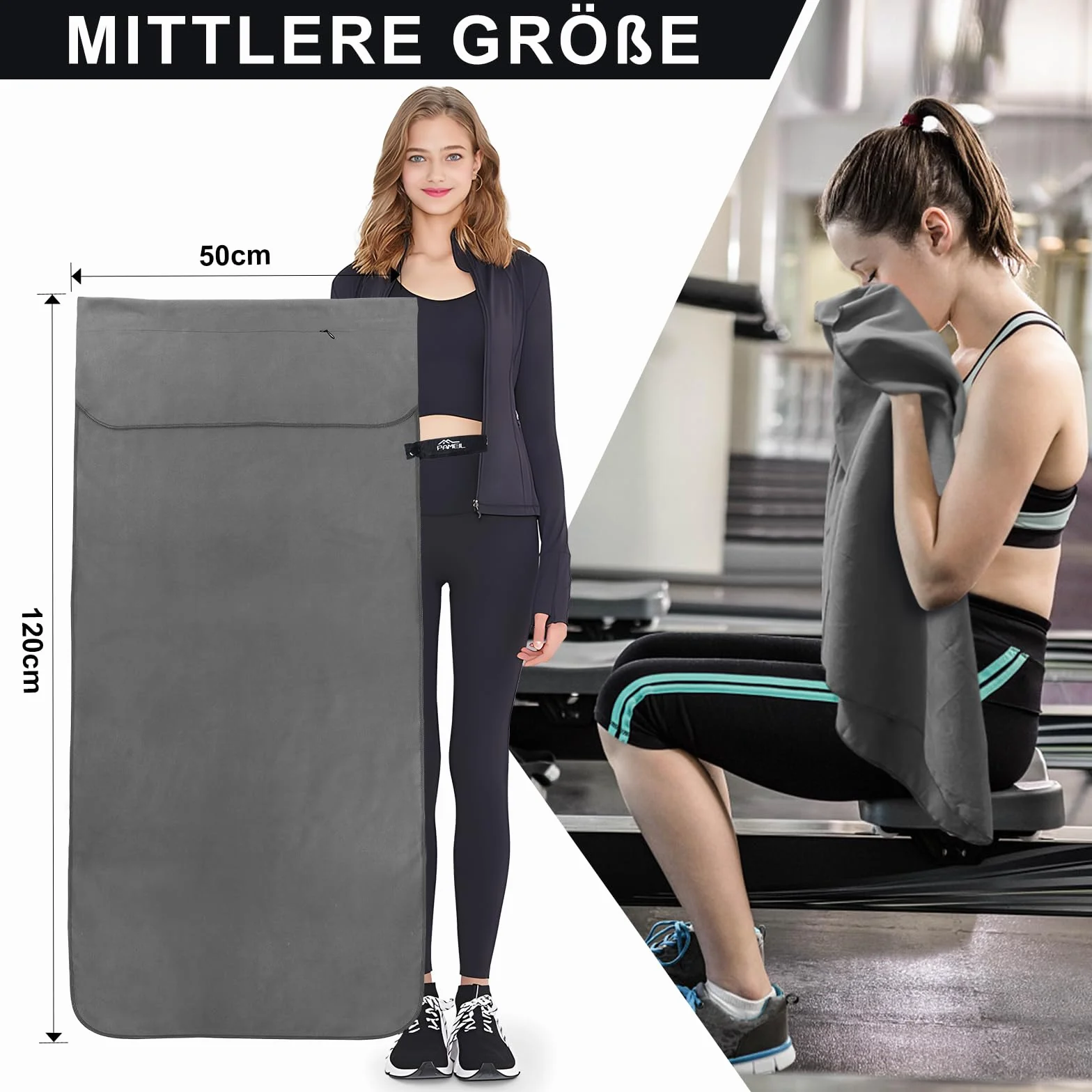 Pameil Toalla de Microfibra 120x50cm Deporte Ligera Absorbente Secado Rápido con Bolsillo Cremallera