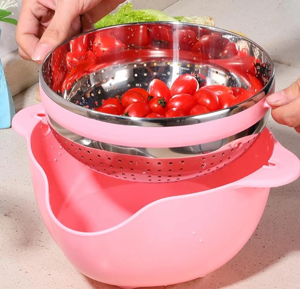 Colador Colador 2 en 1 Cestas de Frutas giratorias para Cocina Coladores microperforados Desmontables Autodrenantes para Pasta Arroz Espagueti Fideos Ensaladas Verduras (Azul)-Pink