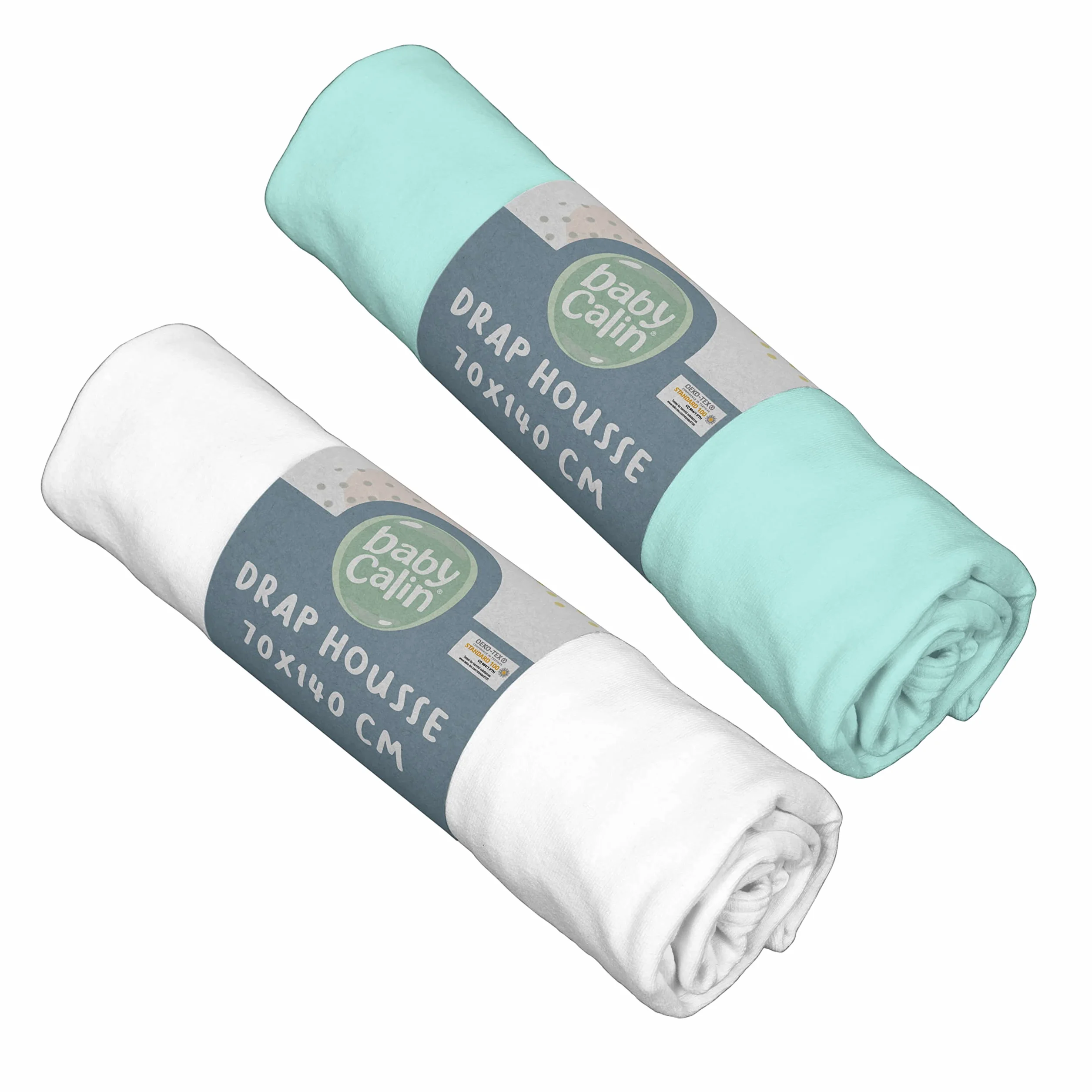 Babycalin - Set de 2 sábanas bajeras, 70cm x 140cm, Blanco/ Turquesa