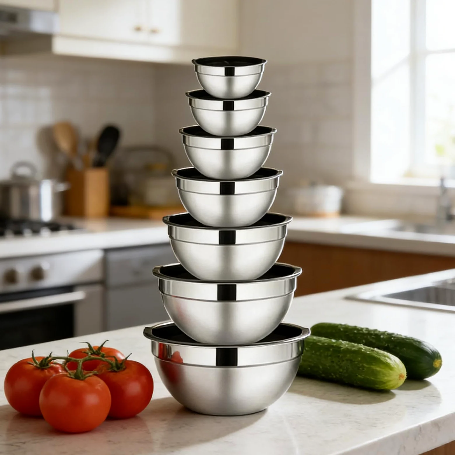 Boles de Mezcla de Acero 7 Piezas De Acero Anidables Redondos | Bols Para Ensalada Y Mezclas Para Salsas Snacks Huevos Condimentos Verduras Frutas