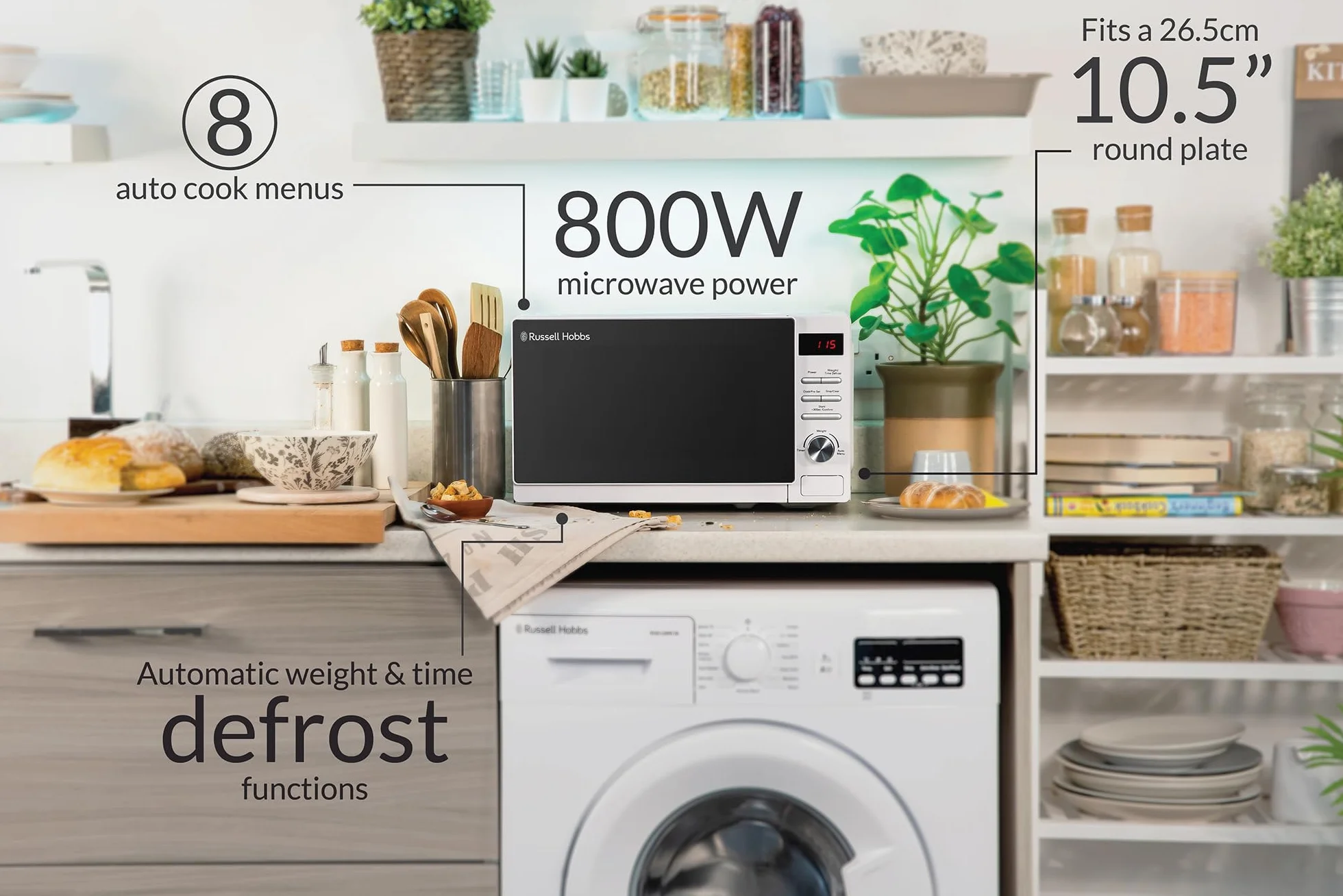 Russell Hobbs RHM2079A - Microondas digital básico, 20 l y 800 W, 5 niveles de potencia, descongelación automática, 8 menús de cocinado automático, reloj y temporizador, fácil de limpiar, blanco