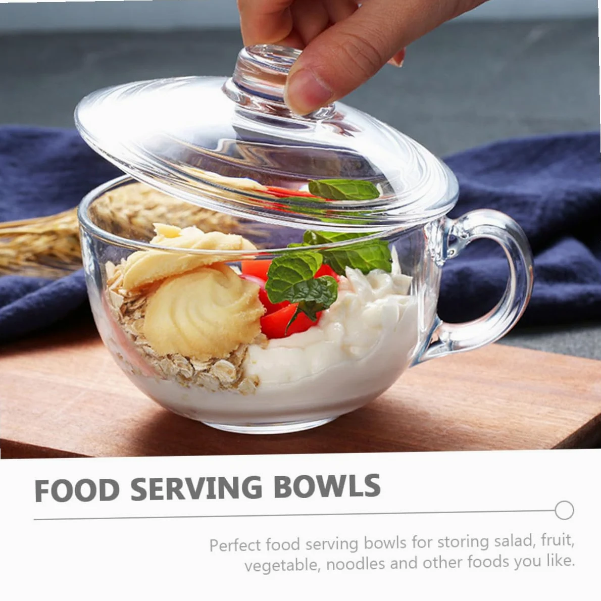Homoyoyo Bol de Cristal Transparente de 600 Ml con Tapa y Asa Bol para Desayuno Leche Avena Ensalada y Postres Recipiente Multifuncional para Uso Doméstico