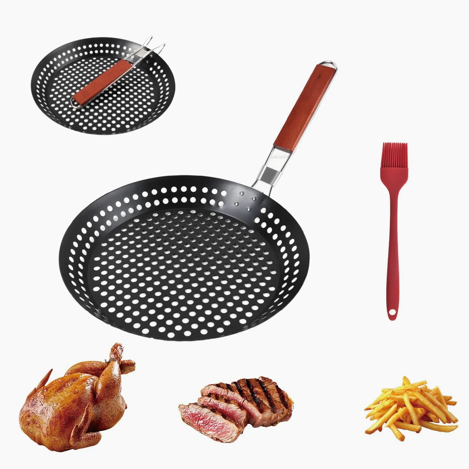 Sartén antiadherente para barbacoa de 12 pulgadas, sartén con mango plegable con agujeros | Sartén de madera con mango plegable para barbacoa al aire libre