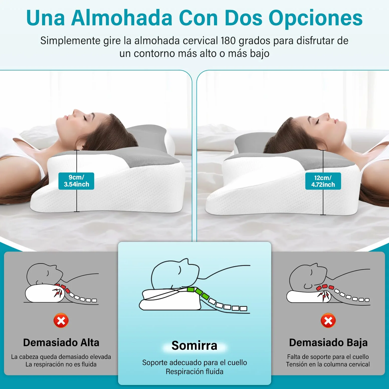 Almohada Cervicales y Cuello, Almohada Cervical en 2 Alturas, Almohada Viscoelastica con Funda de Almohada Extraíble para Dormir de Lado, Boca Arriba y Boca Abajo, 66x37x9/12cm (Plata)