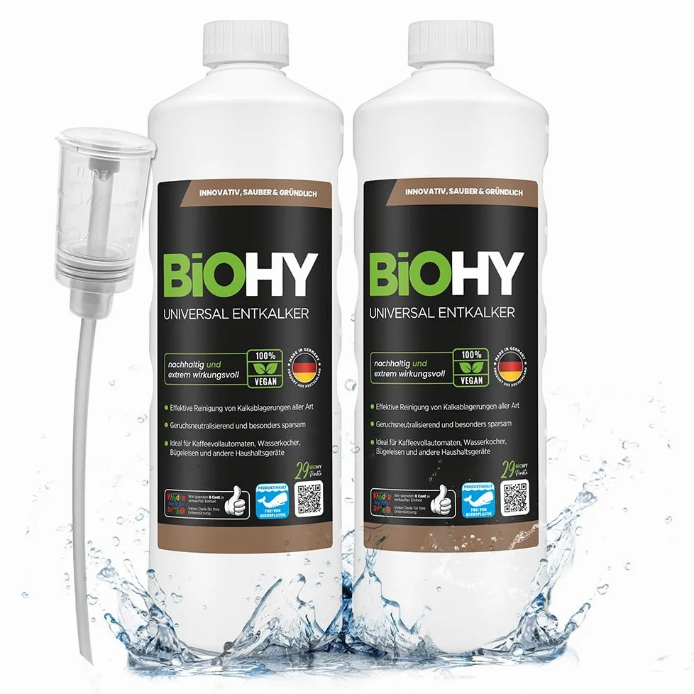BiOHY Descalcificador universal (2 botellas de 1 litro) + Dosificador | Universeel concentraat voor alle huishoudelijke apparaten | Compatibel met alle koffiemachines en espressomachines (Entkalker)