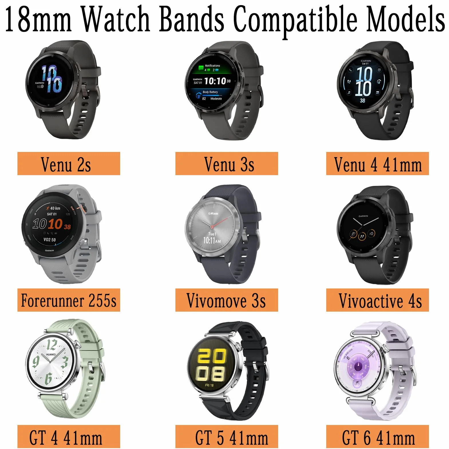 Correa Quick Release 18mm Compatible para Garmin Vivoactive 4S Vivomove 3S Venu 3S/2S Forerunner 255S/265S Silicona Pulsera Huawei GT 4/5 41MM