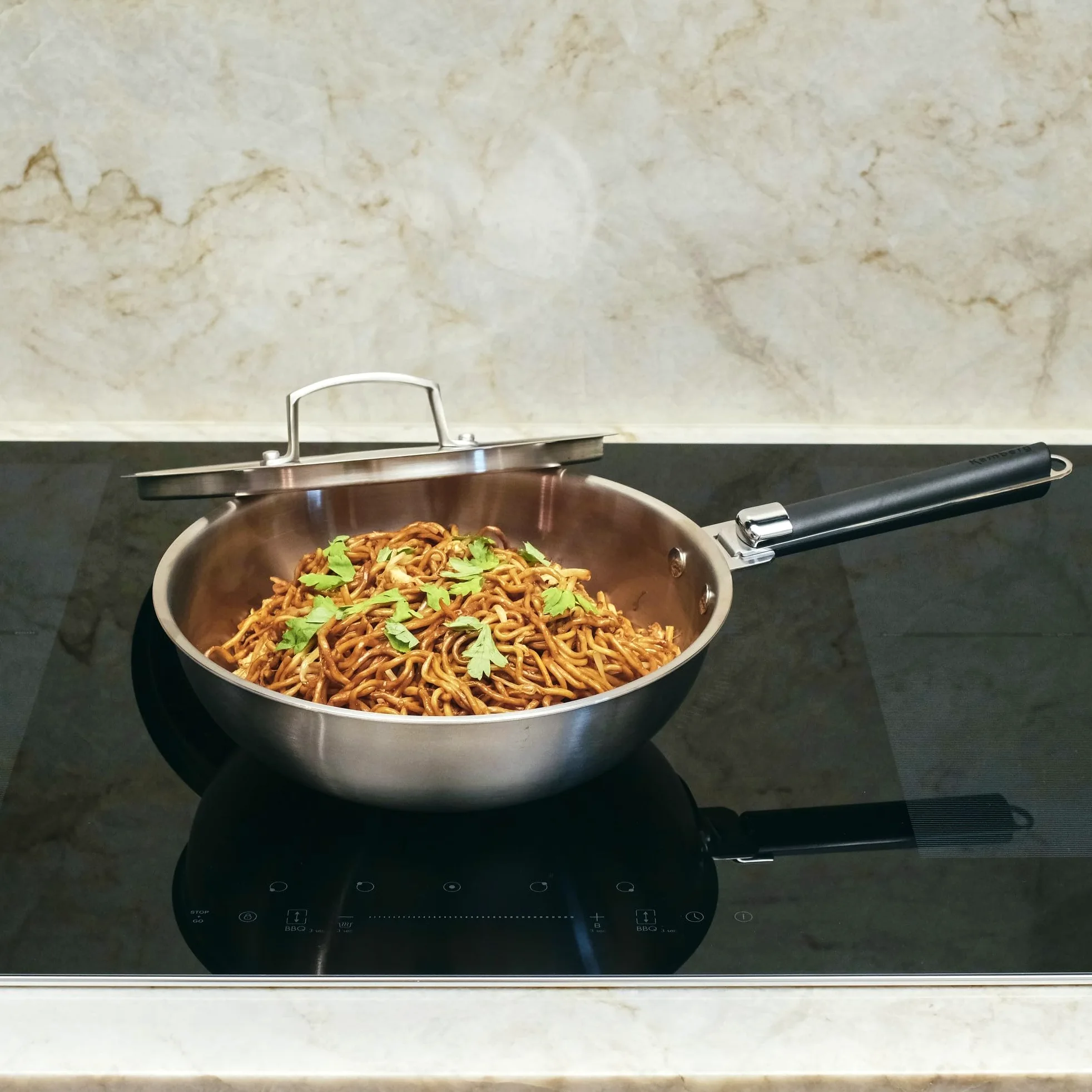 Kamberg - Wok acero inoxidable 28 cm mango extraíble - acero inoxidable 18/10 Triply - Todos los fuegos incluyendo inducción y horno, gris