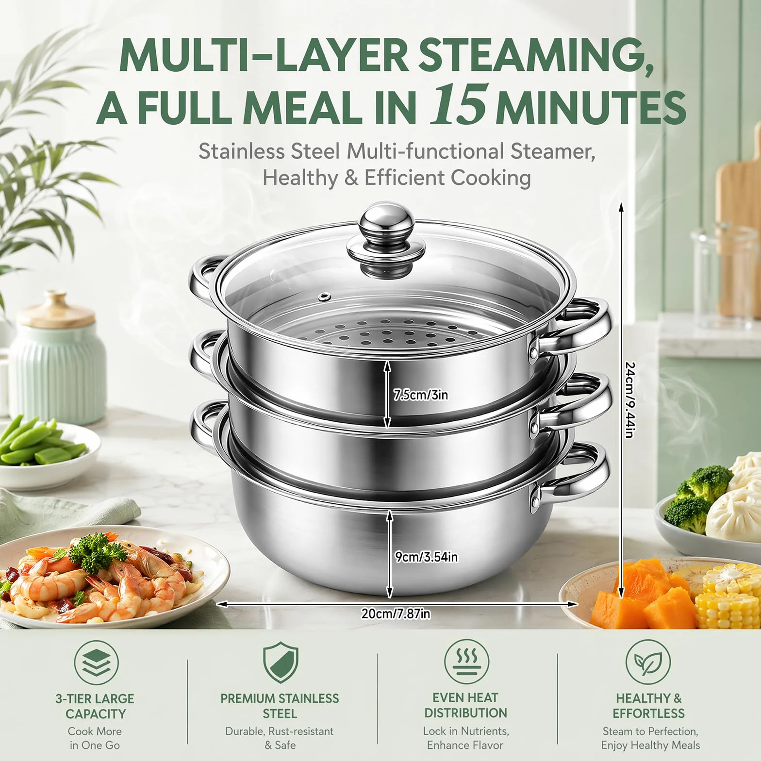 Olla para cocinar al vapor con tapa, 28 cm, acero inoxidable, con inserto de vapor, 3/4 niveles (3 pisos)