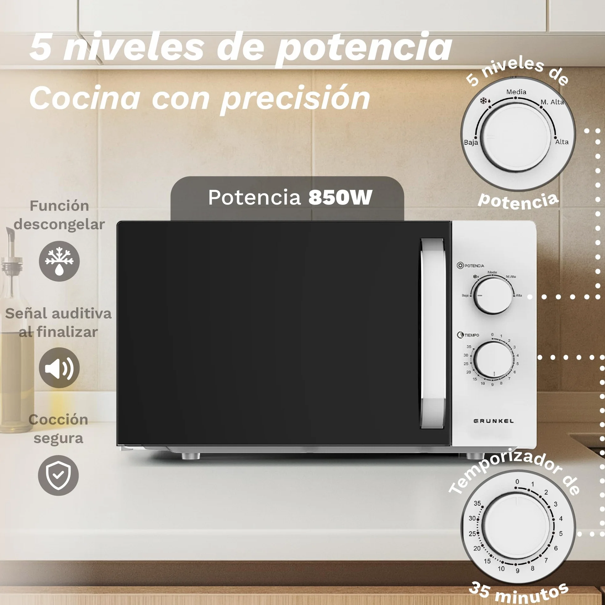 Microondas sin Grill básico de 25 Litros, 850w de potencia Sencillo, temporizador 30min. 5 potencias y descongelación. Fácil de usar