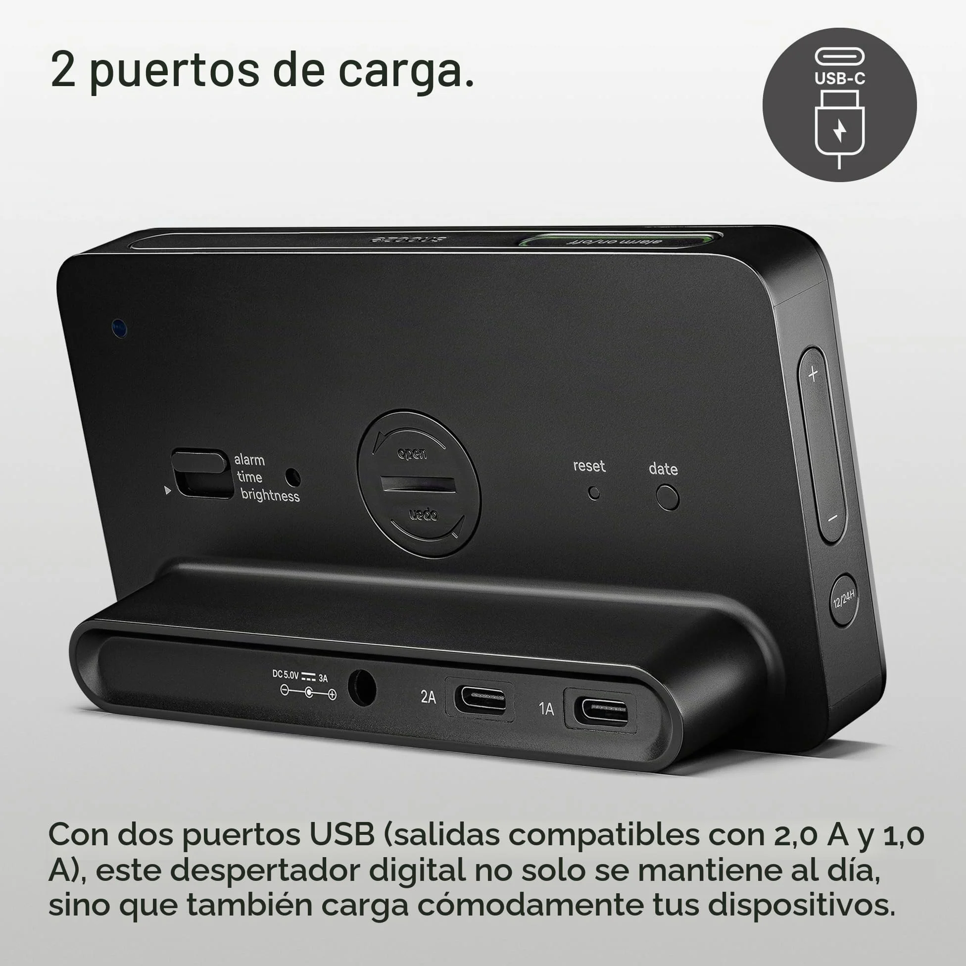 Braun Reloj Despertador Digital Pantalla LCD, 2 Puertos USB-C para Cargar Otros Dispositivos, visualización de Fecha y Hora, repetición táctil, configuración rápida, en Negro, Modelo BC20B.