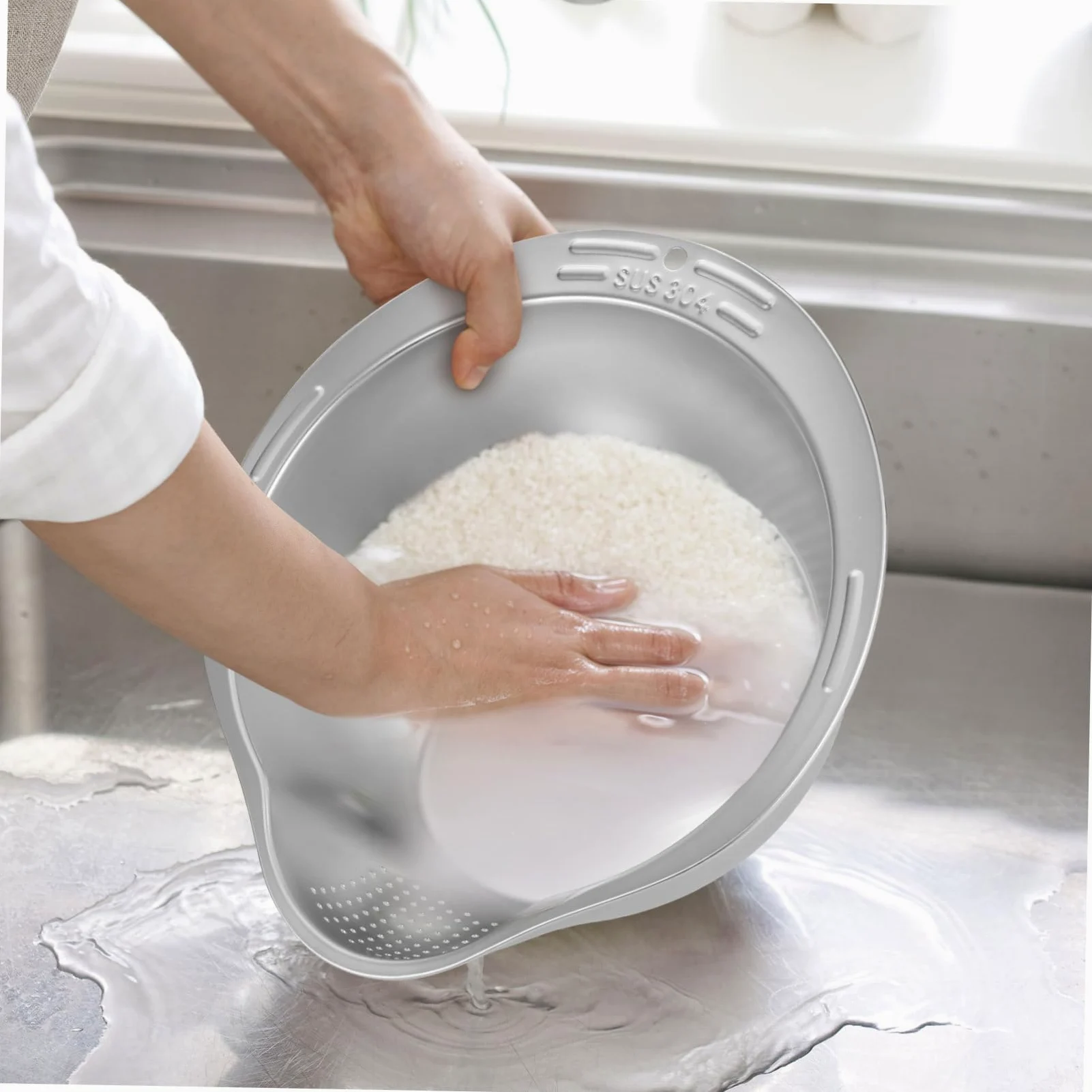 GLEAVI Lavadero de Arroz Acero Inoxidable Colador Multifuncion para Cocina Tazón Escurridor Alimentos Lavar Arroz Fruta Vegetales