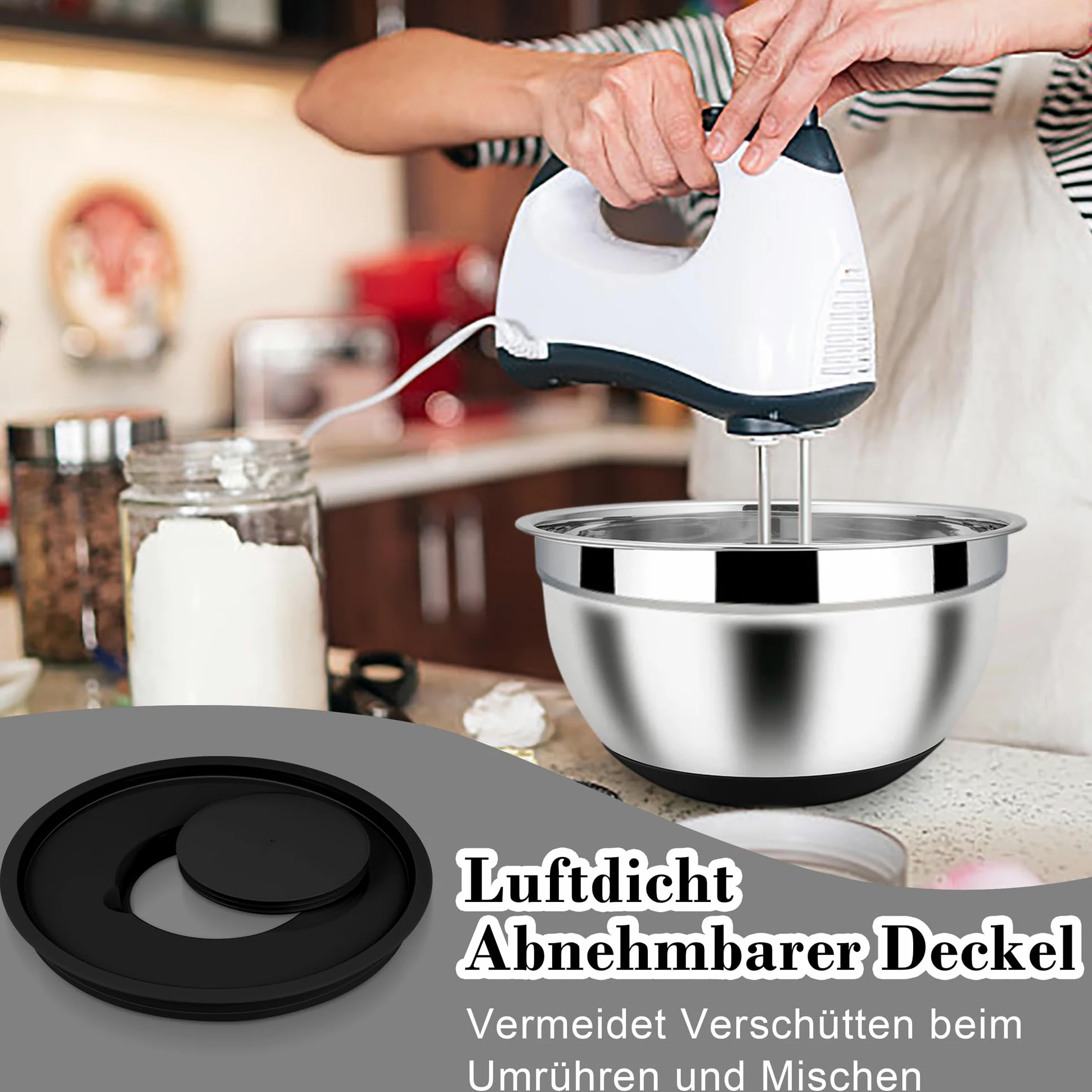 Homikit Juego de 6 cuencos para mezclar, acero inoxidable, color negro, ensaladera con 3 accesorios para mezclar y mezclar, tapa hermética y base de silicona, 4,6 l, 2,8 l, 2,5 l, 1,6 l, 1,2 l, 0,7 l,