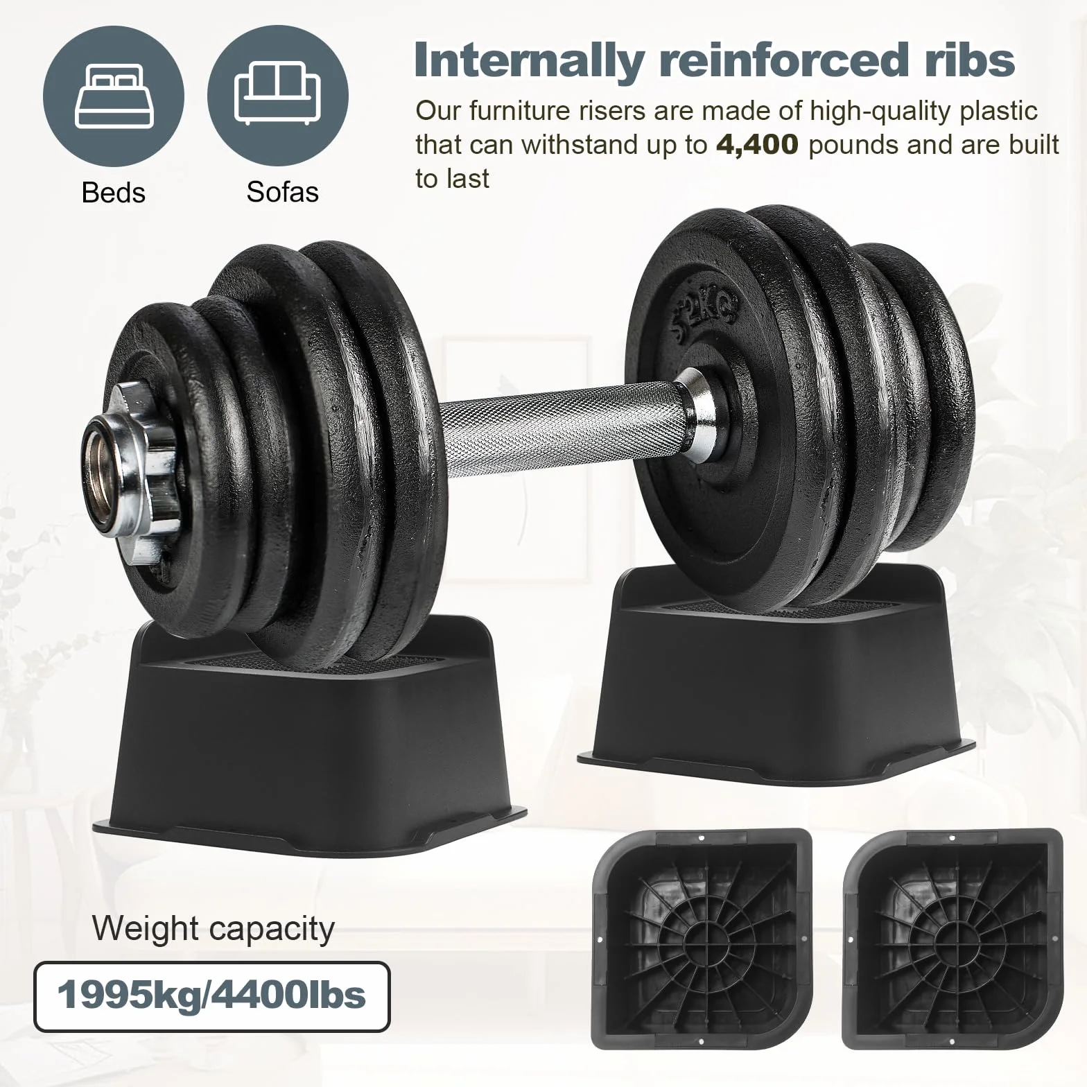 4 elevadores de muebles de plástico negro en forma de L de 3 pulgadas, patas ajustables para cama y mesa con almohadillas antideslizantes