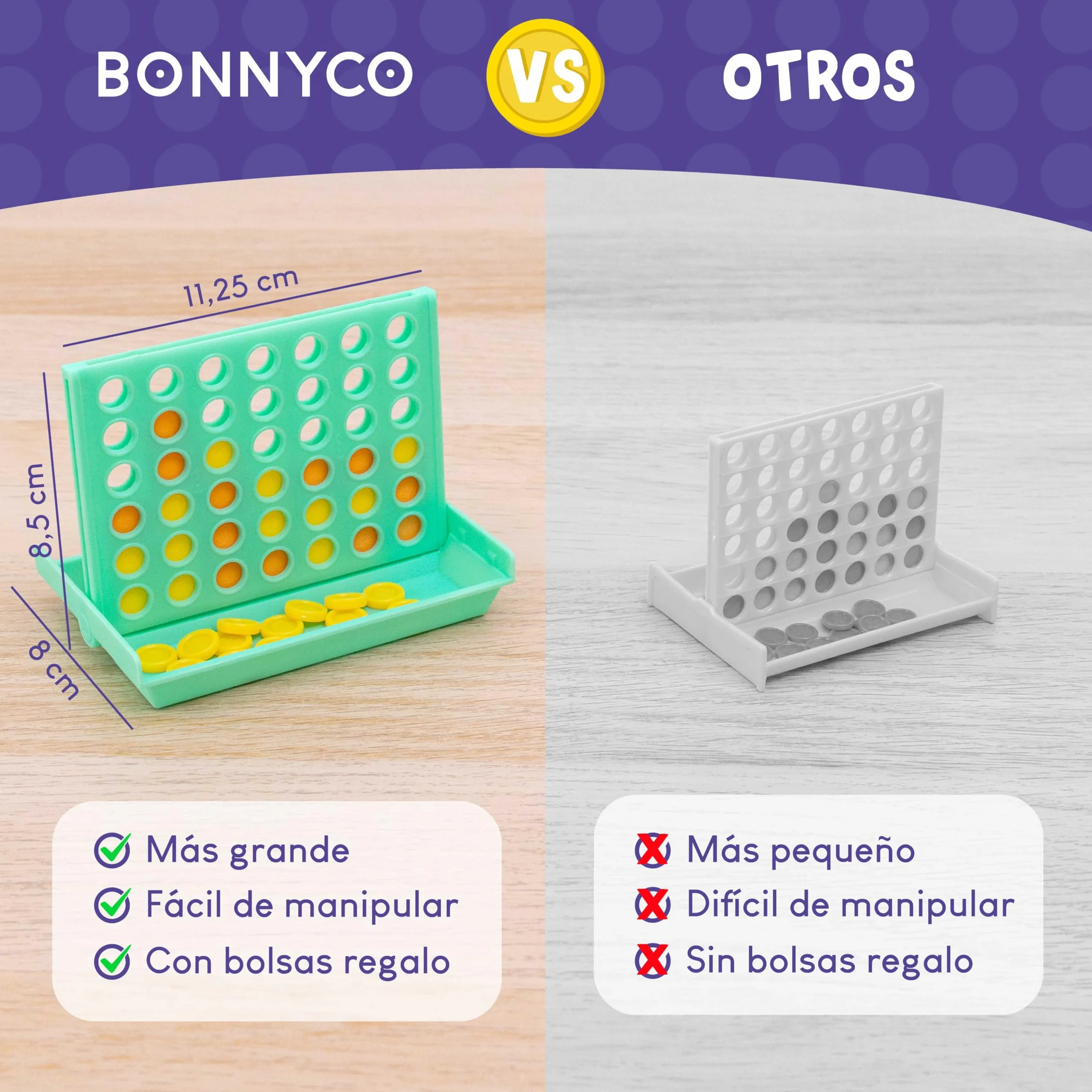 BONNYCO Cuatro en Raya Pack 16 Regalos Cumpleaños Niños Colegio 3 a 12 Años con Bolsas Sorpresa para Invitados. Ideas Detalles Alumnos Primaria, Mini Juegos de Viaje y Piñatas