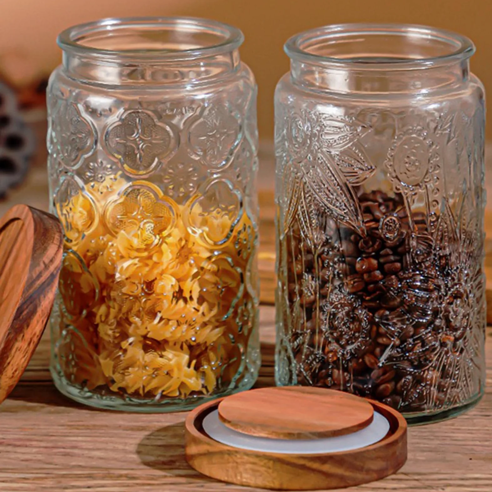 Juego de 2 tarros de cristal con tapa de 1000 ml, herméticos para cocina, tarros de especias grandes con tapa de madera para cocina, despensa, granos de café, harina, avena, cereales, pasta