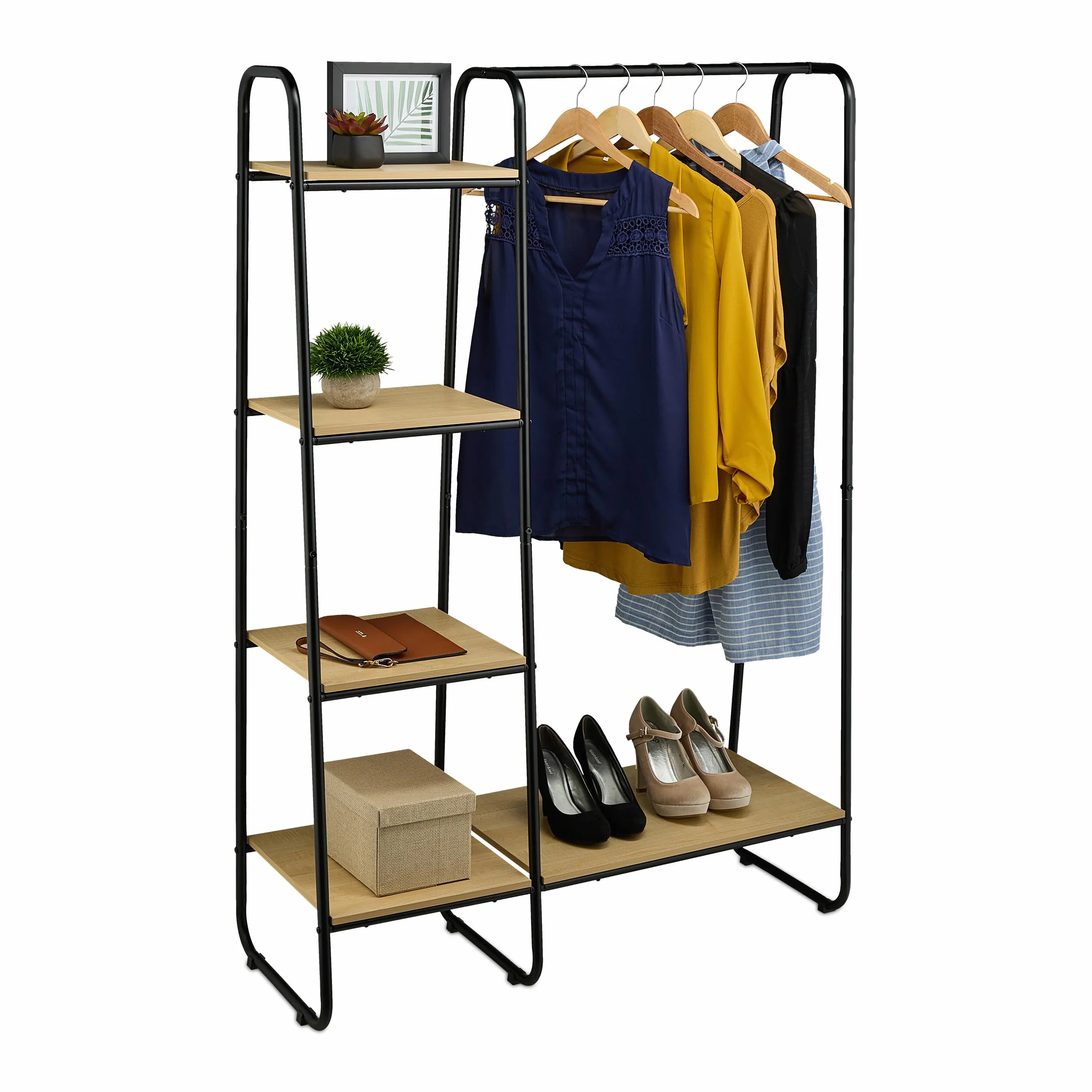 Relaxdays Perchero de Pie Metálico, 5 Baldas, Colgador Ropa con Barra y Estantería, 150x100x41cm, Armario Abierto, Negro